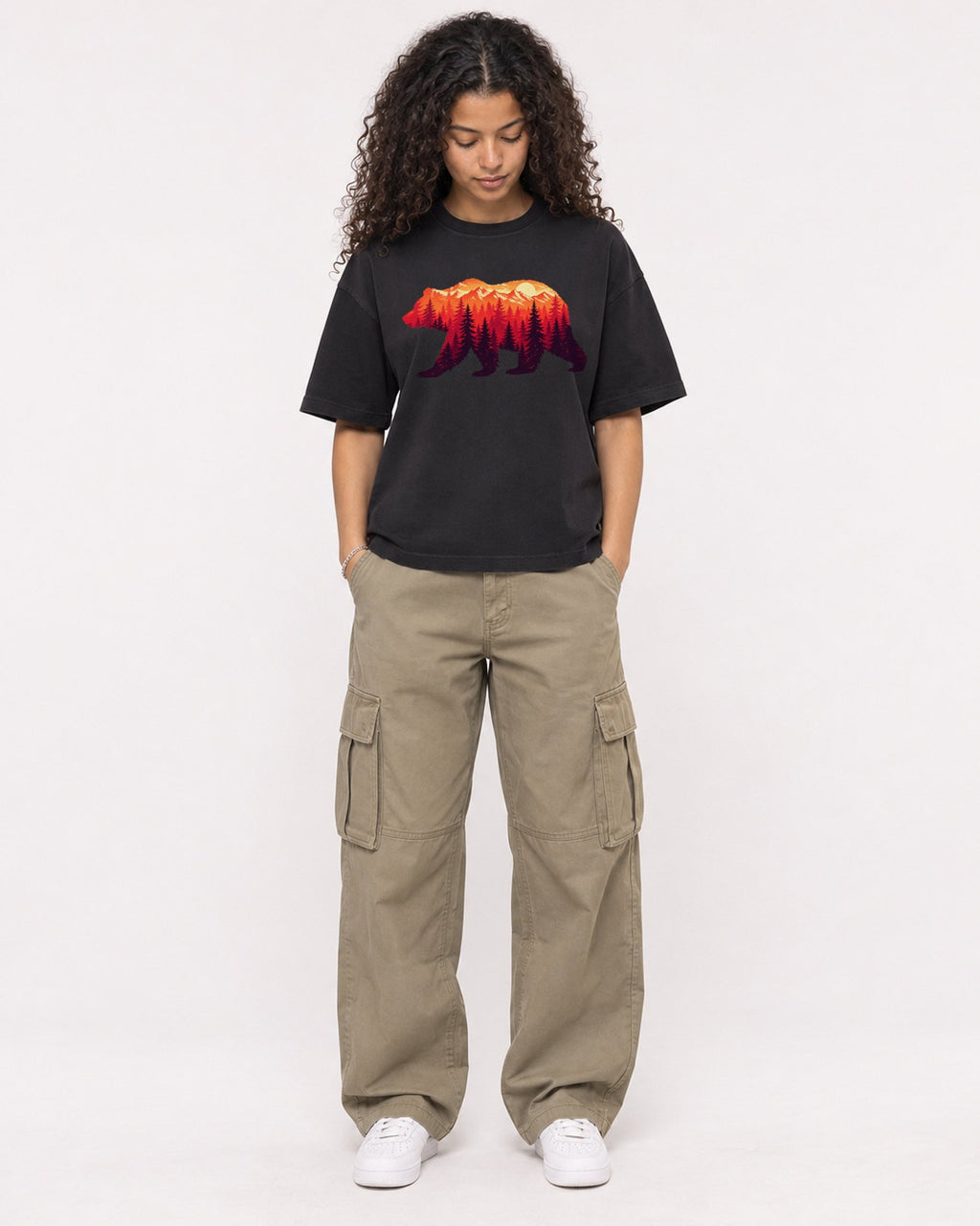 Mockup Boxy Heavyweight Tee Black female full-body 10