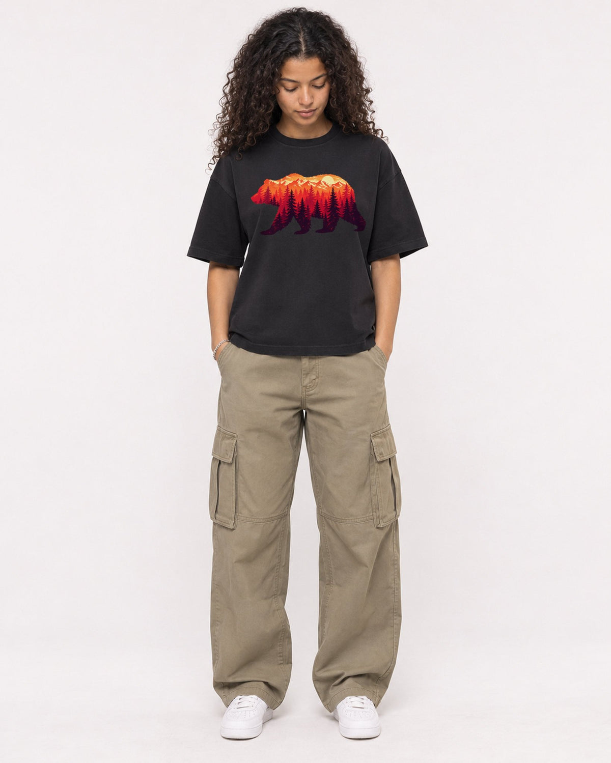 Mockup Boxy Heavyweight Tee Black female full-body 10