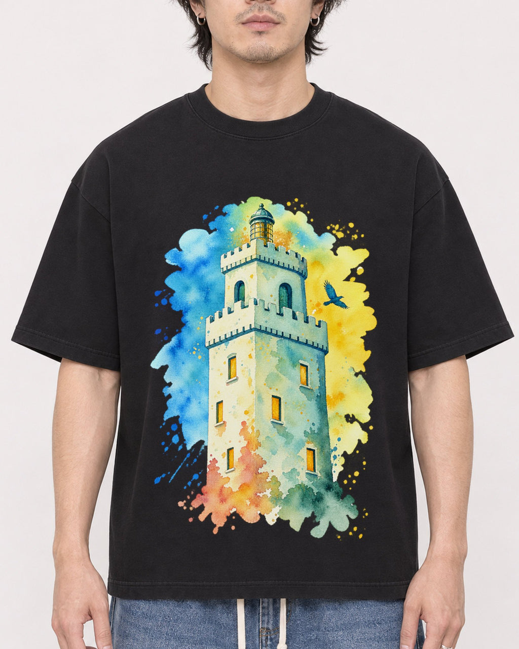 Mockup Boxy Heavyweight Tee Black male close-up 03