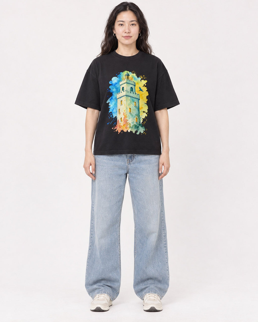 Mockup Boxy Heavyweight Tee Black female full-body 03
