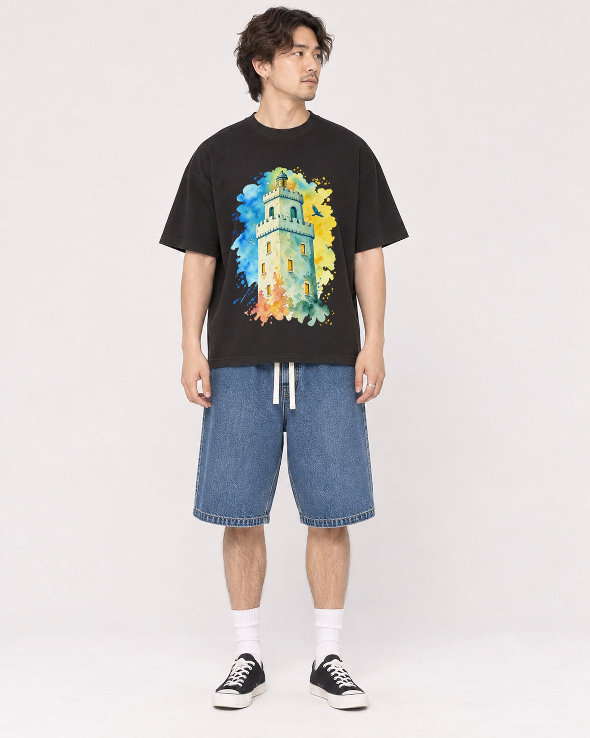Mockup Boxy Heavyweight Tee Black male full-body 03