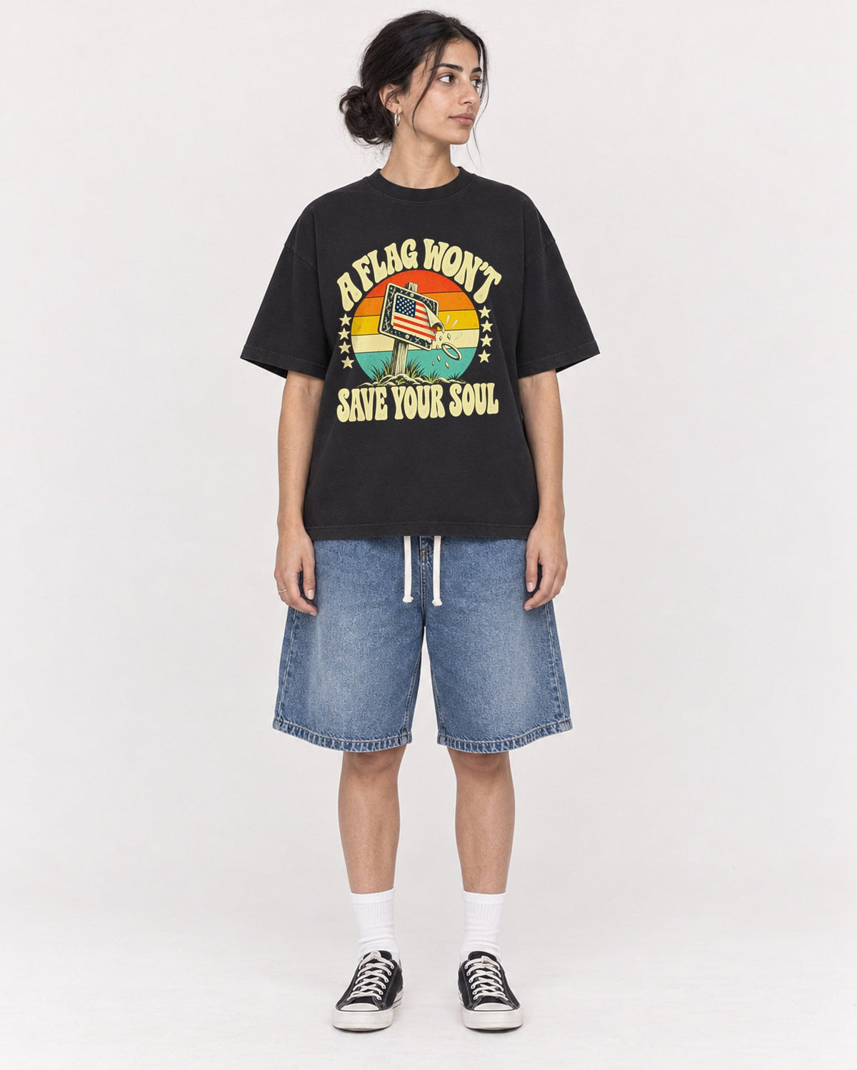 Mockup Boxy Heavyweight Tee Black female full-body 17