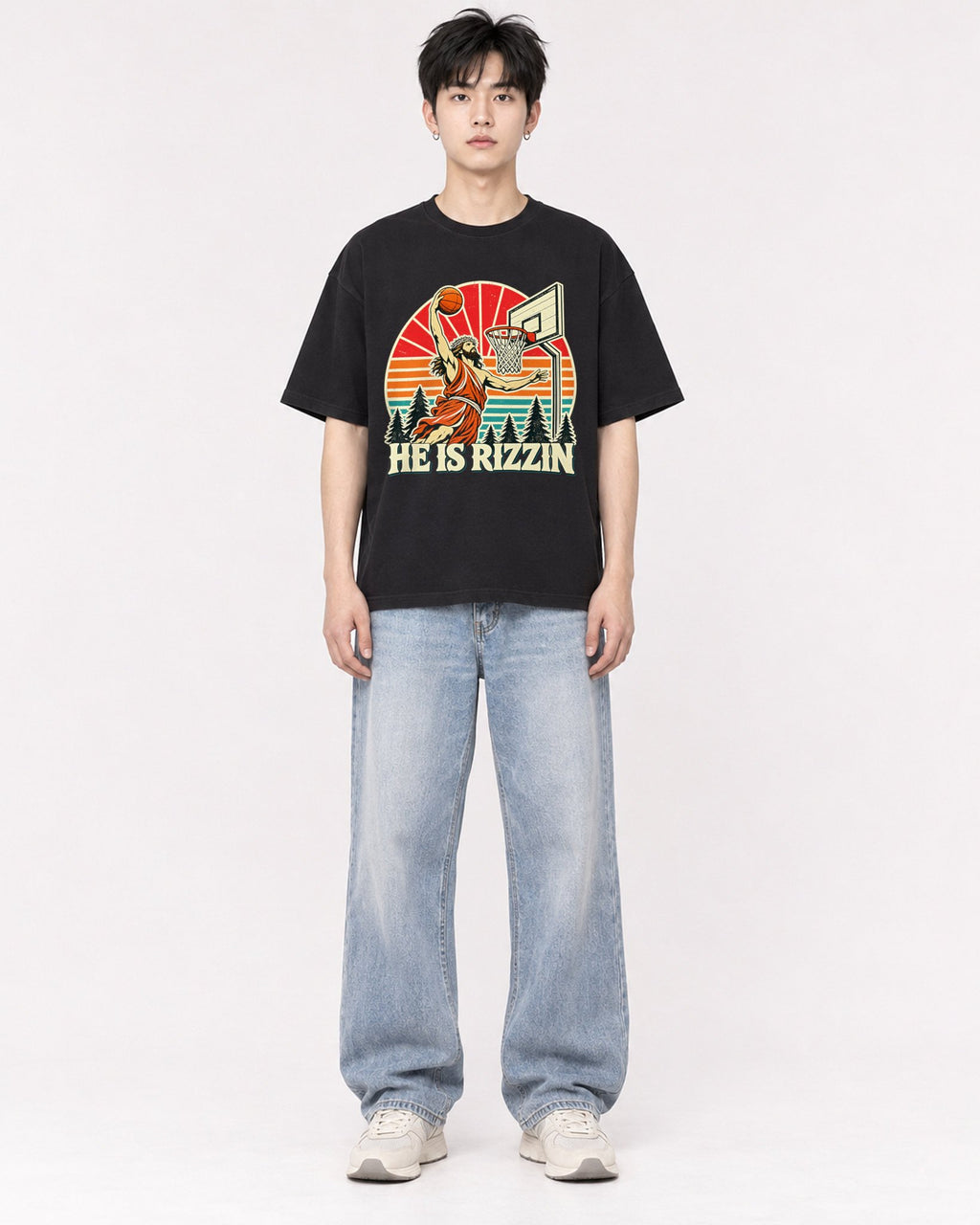 Mockup Boxy Heavyweight Tee Black male full-body 01