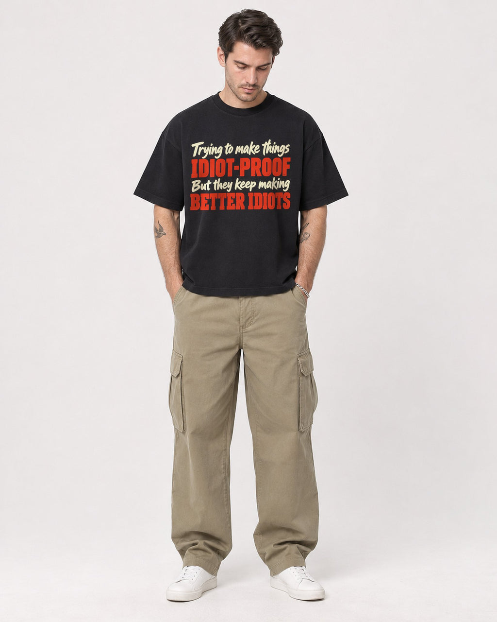 Mockup Boxy Heavyweight Tee Black male full-body 48