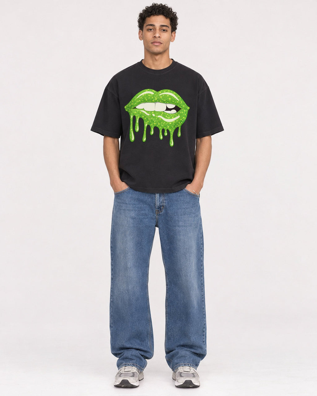 Mockup Boxy Heavyweight Tee Black male full-body 10