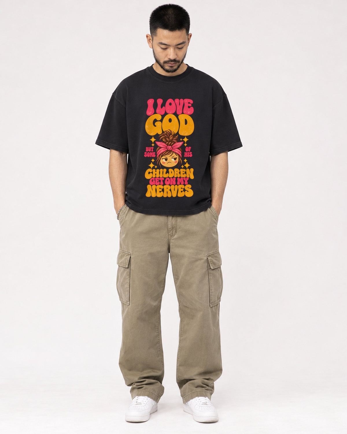 Mockup Boxy Heavyweight Tee Black male full-body 32