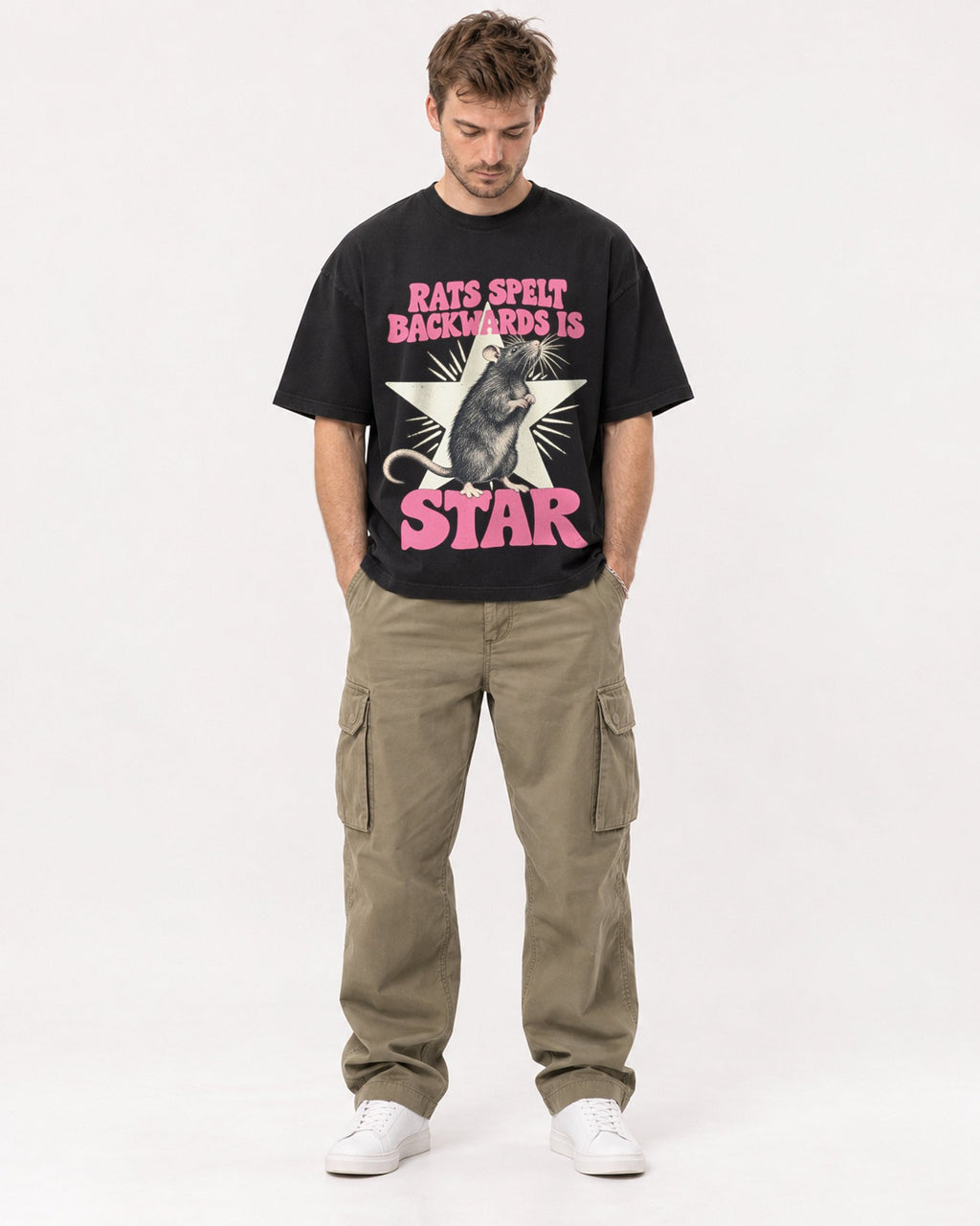 Mockup Boxy Heavyweight Tee Black male full-body 08