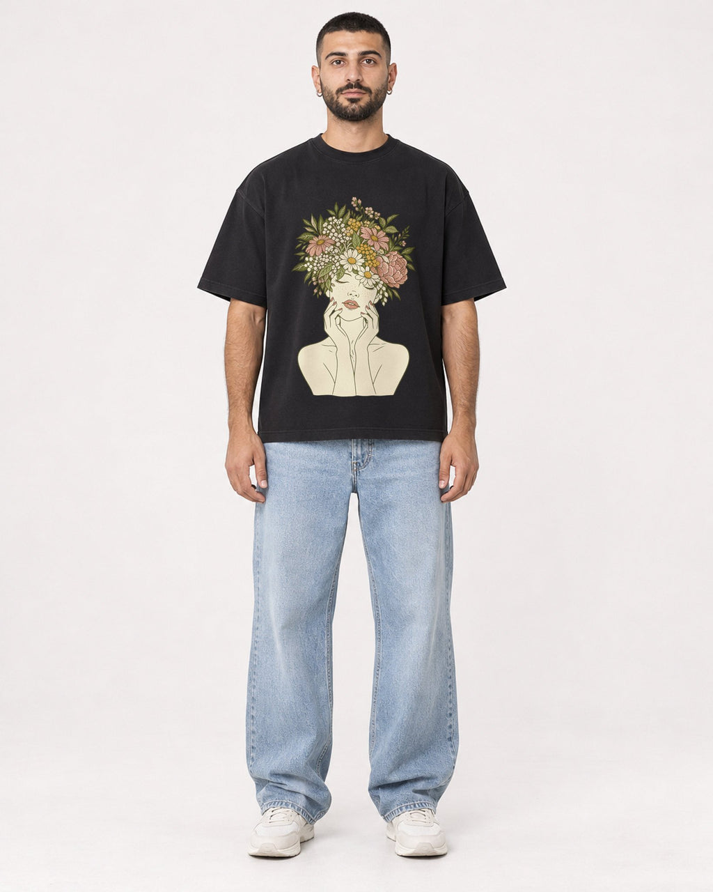Mockup Boxy Heavyweight Tee Black male full-body 37
