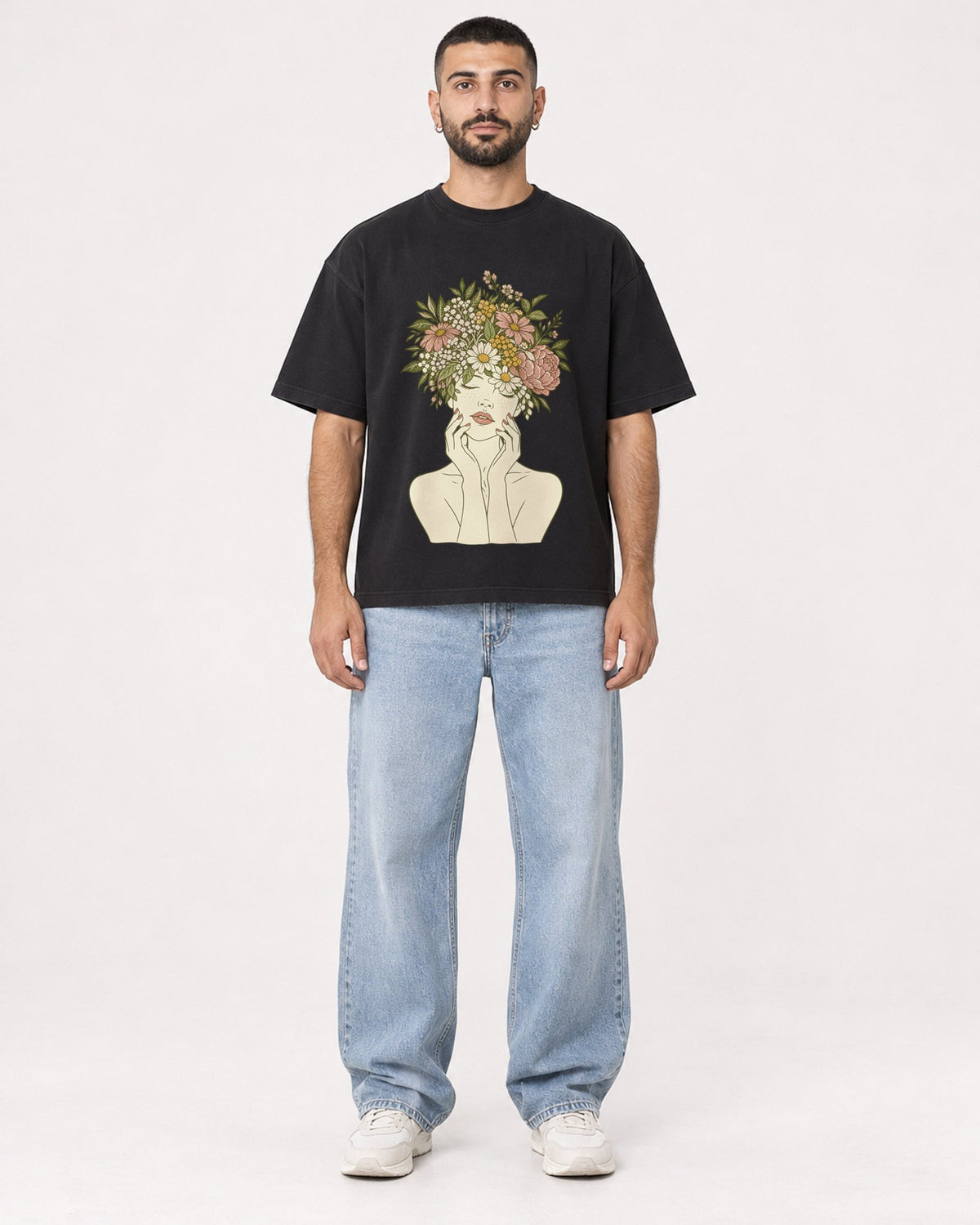 Mockup Boxy Heavyweight Tee Black male full-body 37
