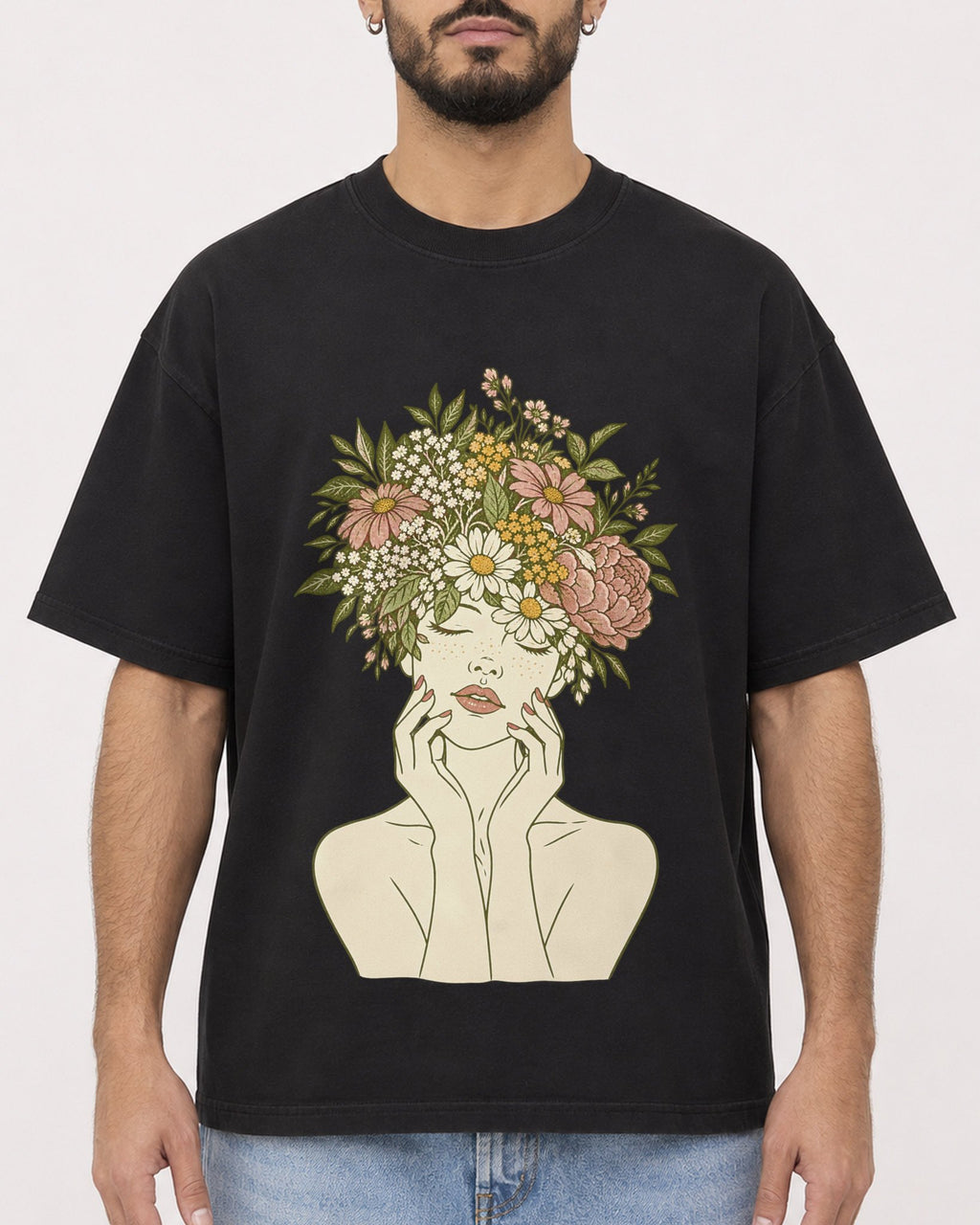 Mockup Boxy Heavyweight Tee Black male close-up 37