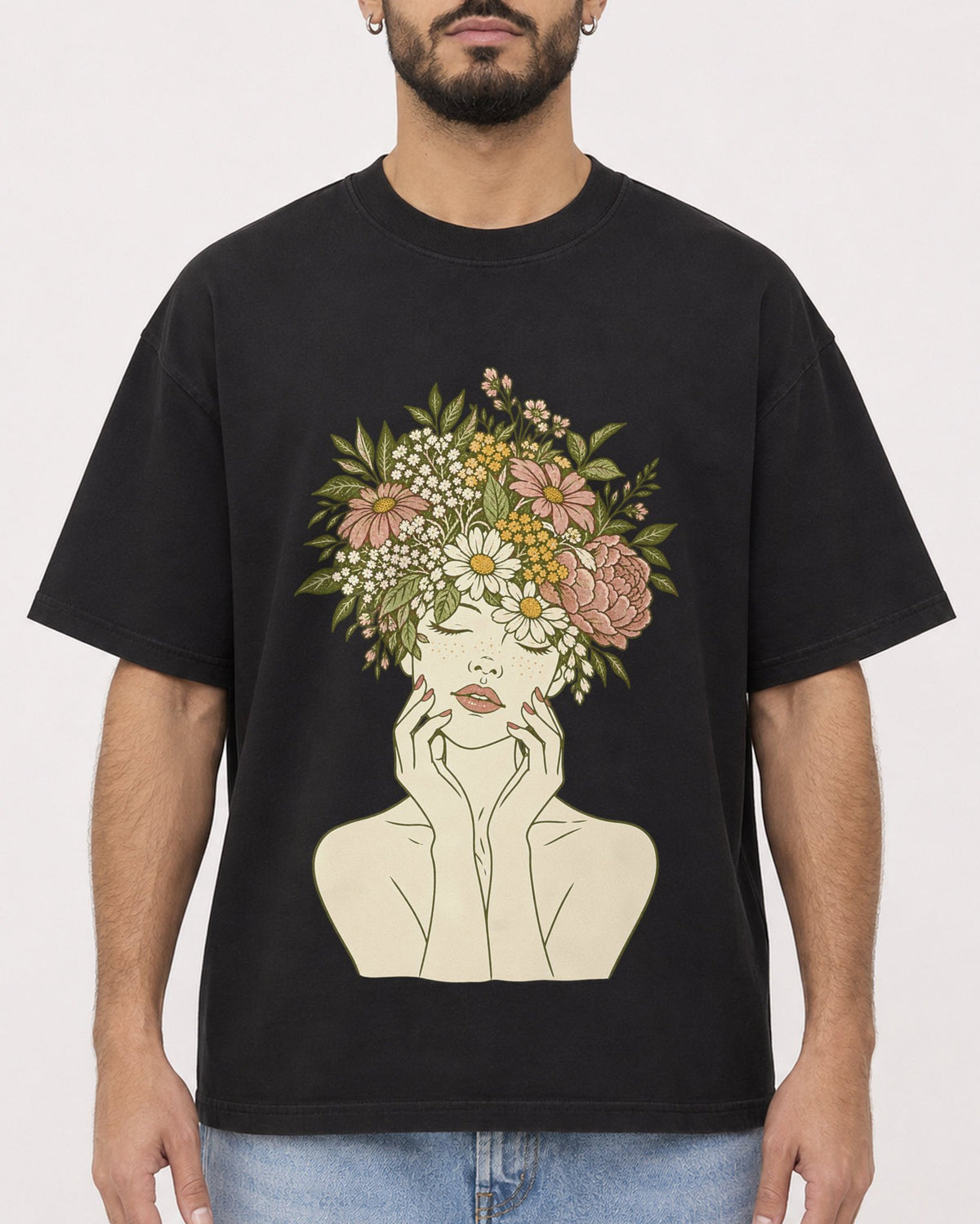 Mockup Boxy Heavyweight Tee Black male close-up 37
