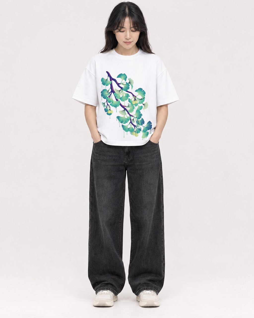 Mockup Boxy Heavyweight Tee White female full-body 13