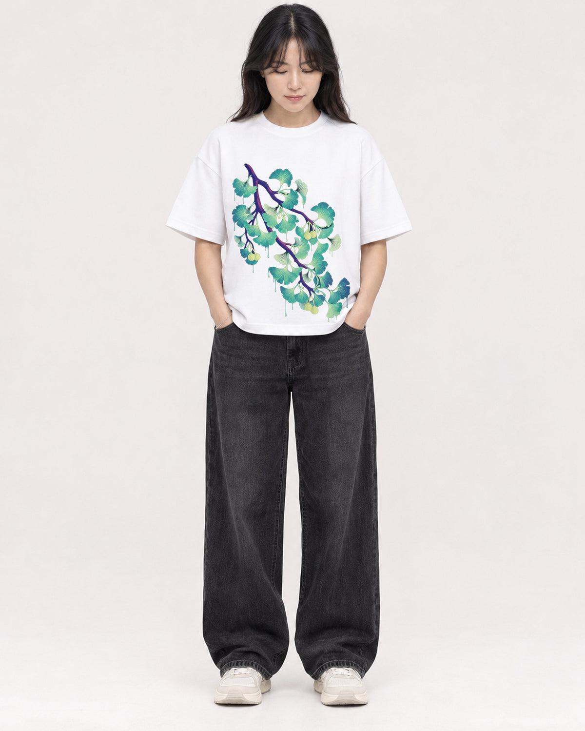 Mockup Boxy Heavyweight Tee White female full-body 13