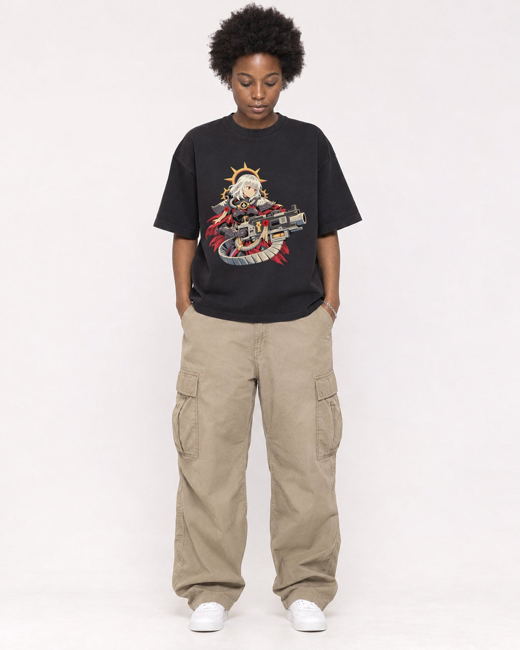 Mockup Boxy Heavyweight Tee Black female full-body 14