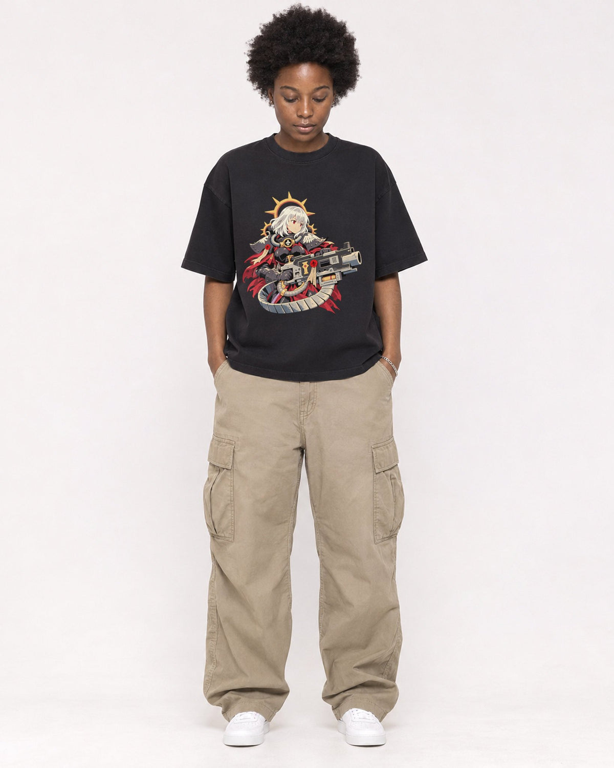 Mockup Boxy Heavyweight Tee Black female full-body 14
