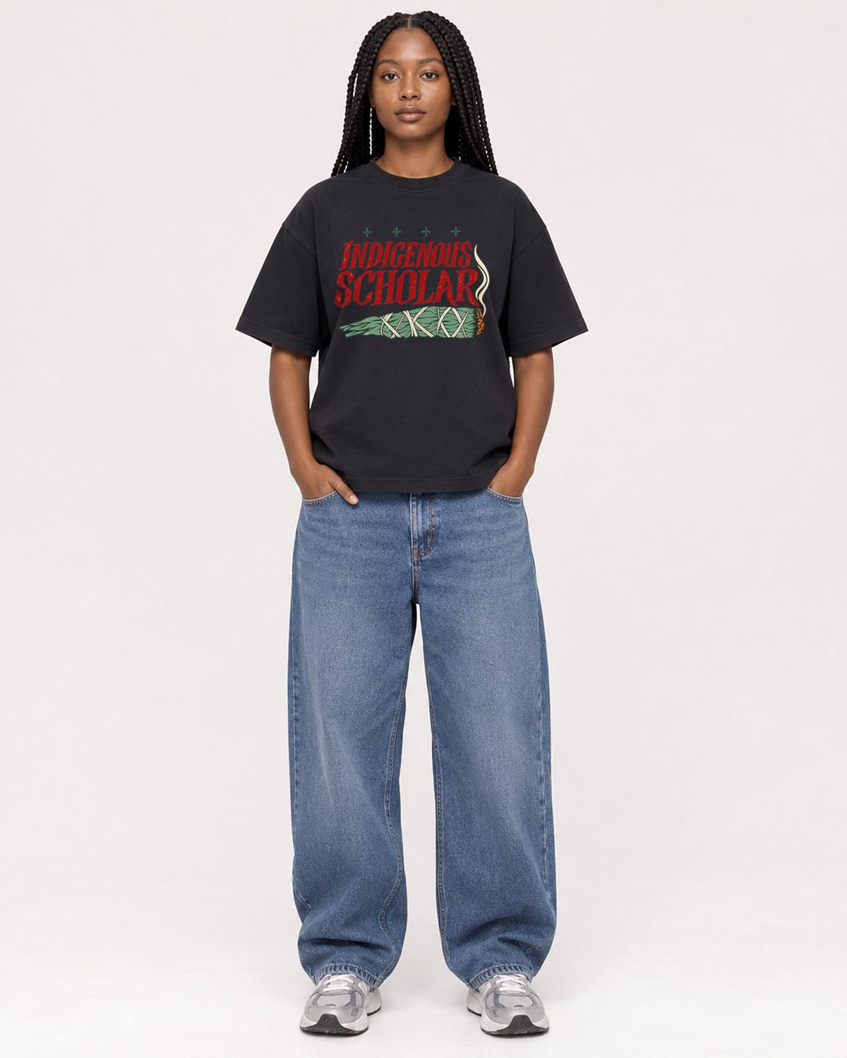 Mockup Boxy Heavyweight Tee Black female full-body 04