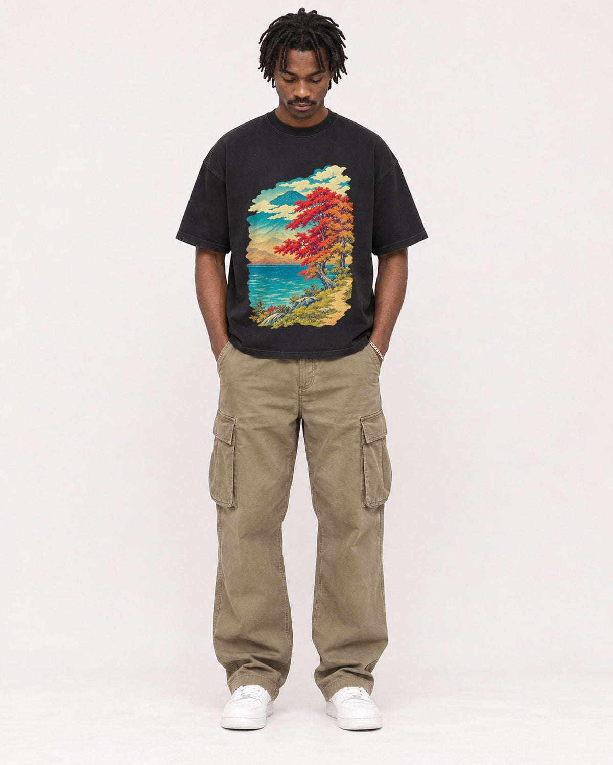Mockup Boxy Heavyweight Tee Black male full-body 04