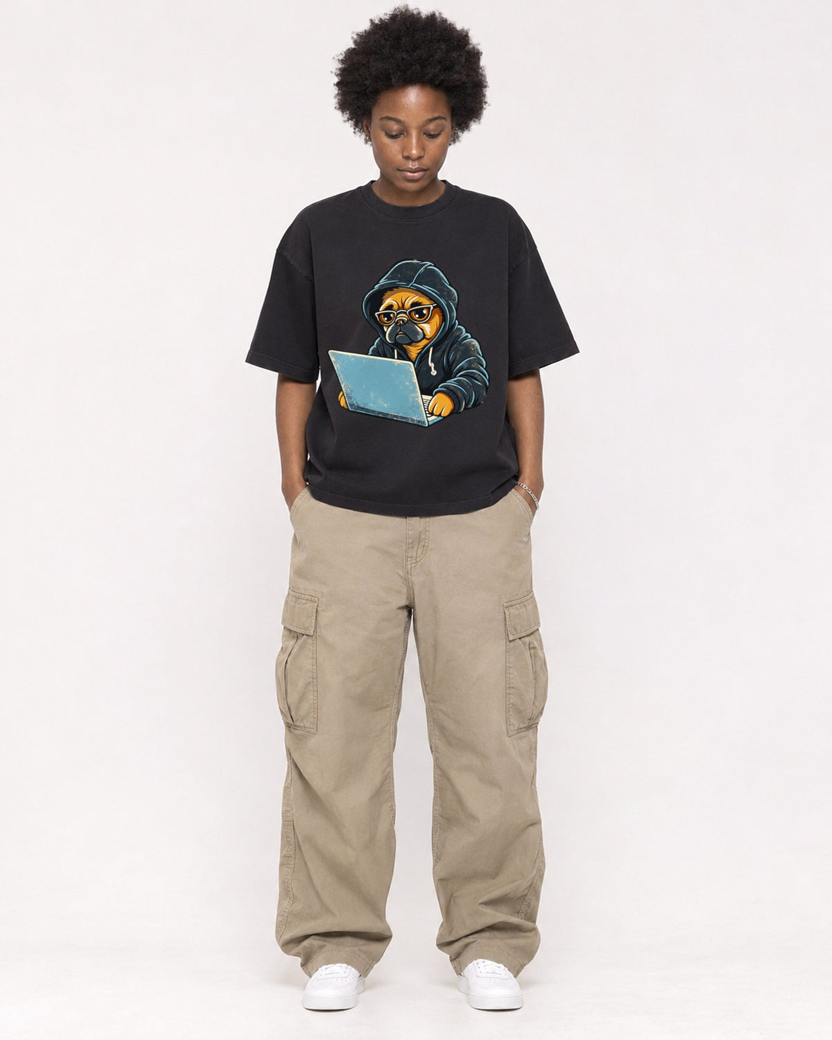 Mockup Boxy Heavyweight Tee Black female full-body 14