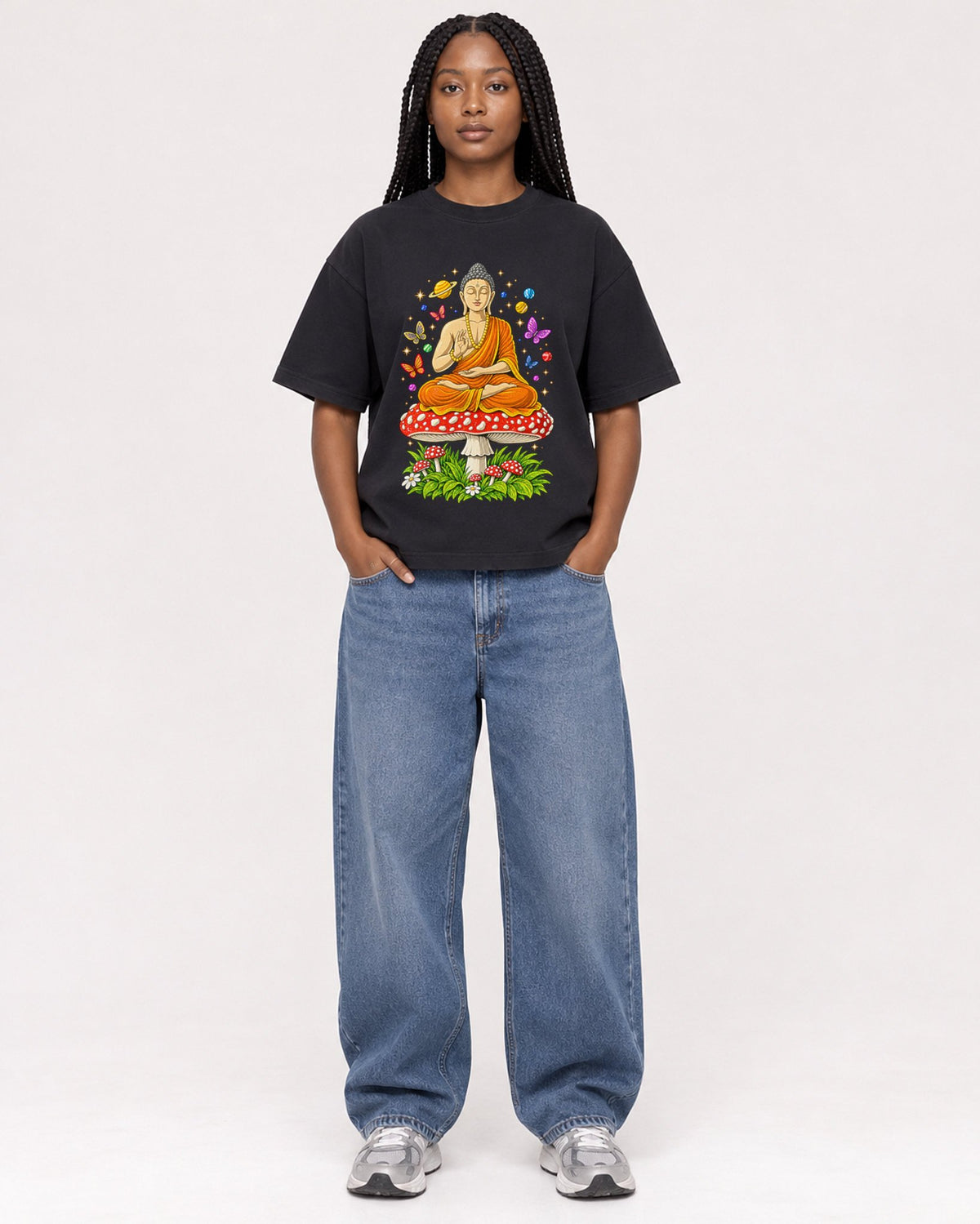 Mockup Boxy Heavyweight Tee Black female full-body 04