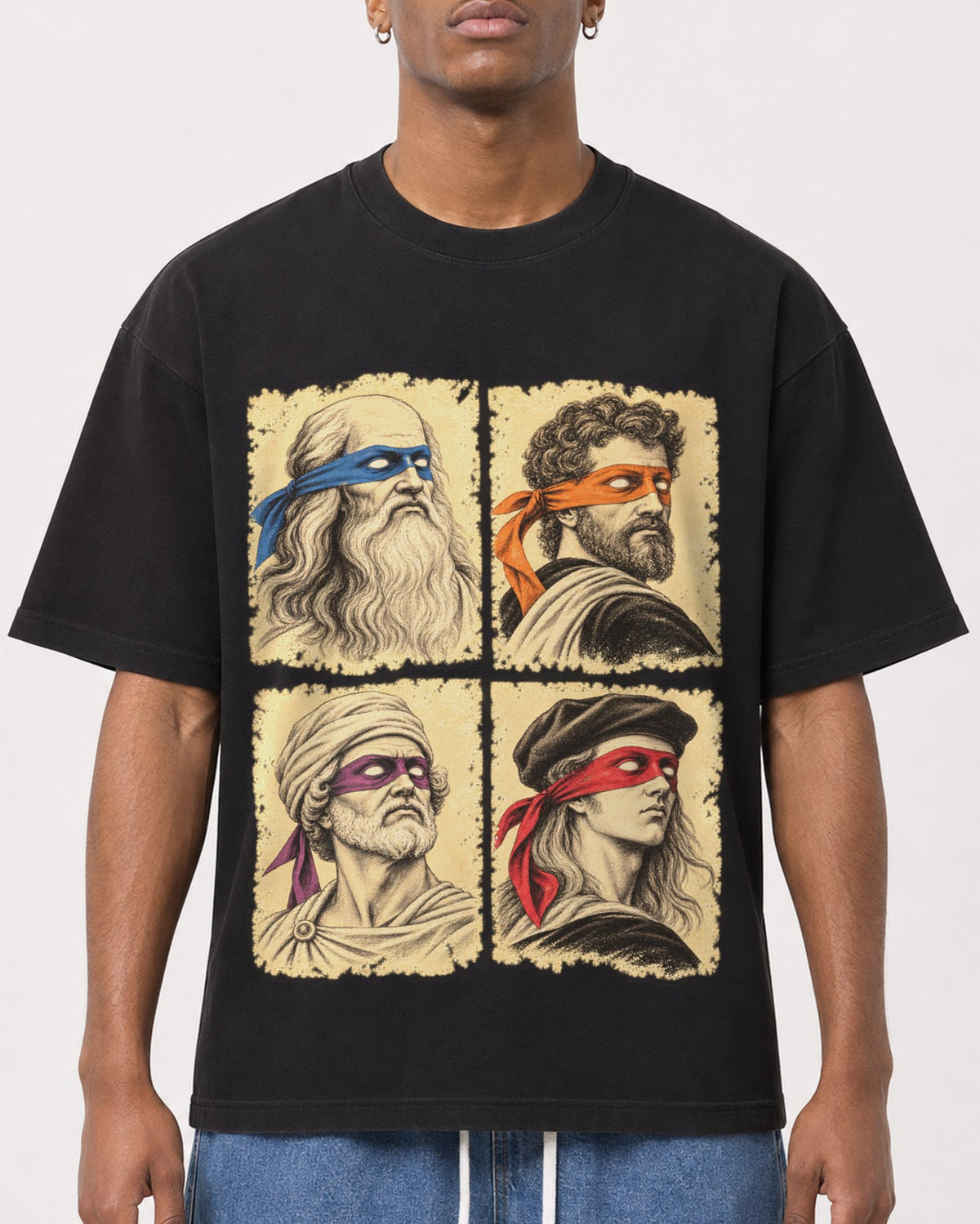 Mockup Boxy Heavyweight Tee Black male close-up 15