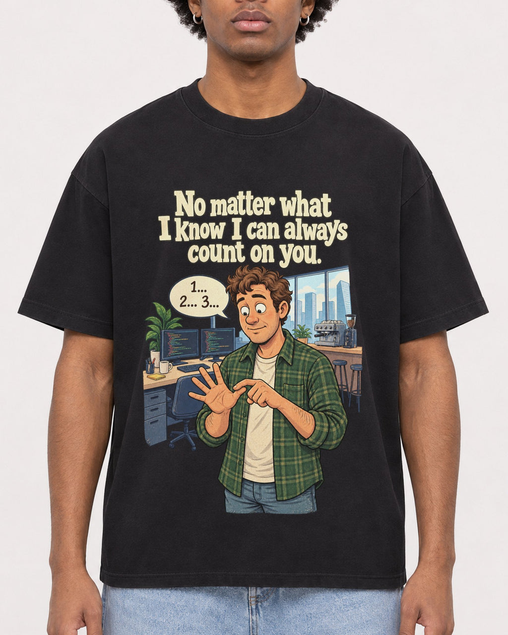 Mockup Boxy Heavyweight Tee Black male close-up 45