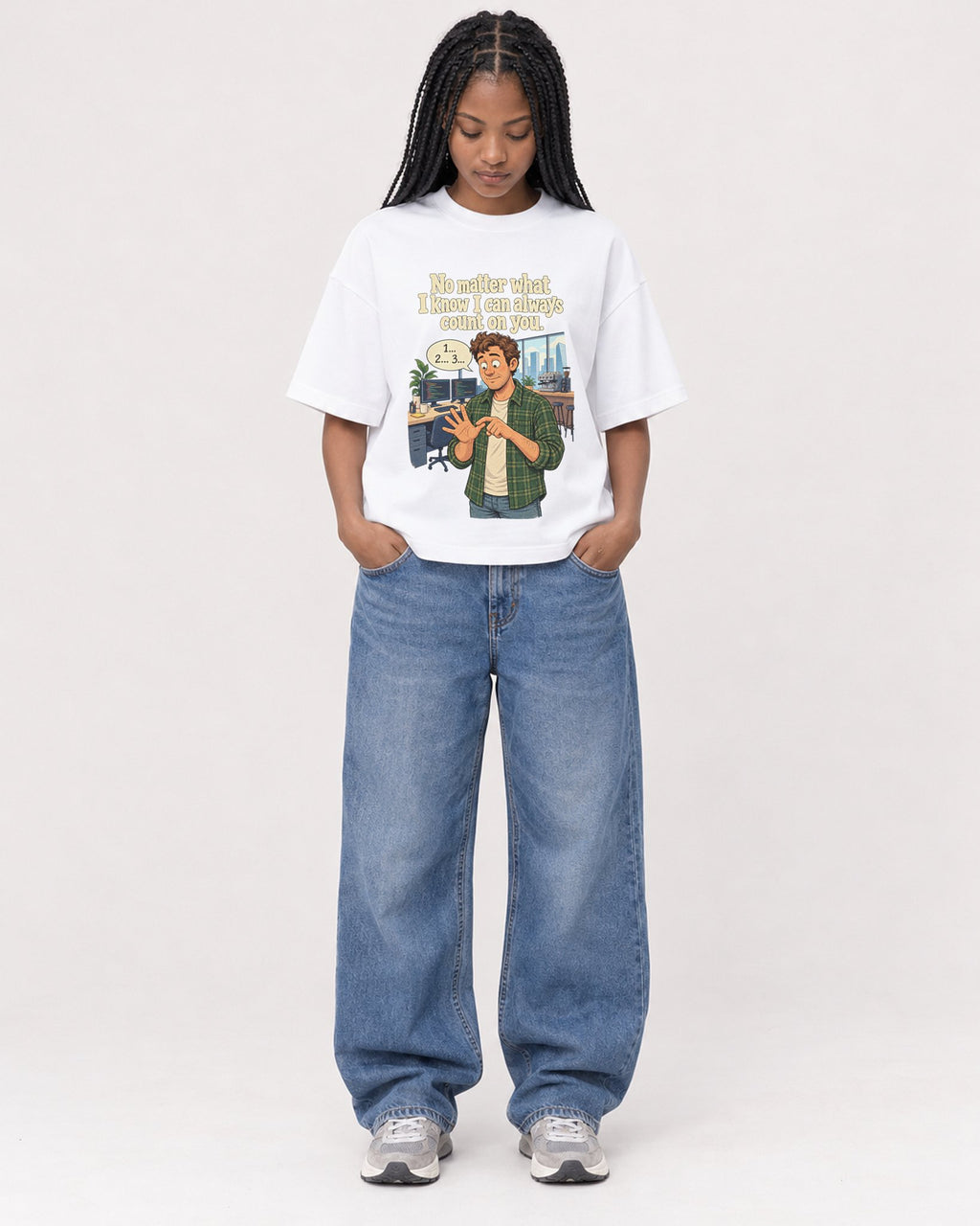 Mockup Boxy Heavyweight Tee White female full-body 45