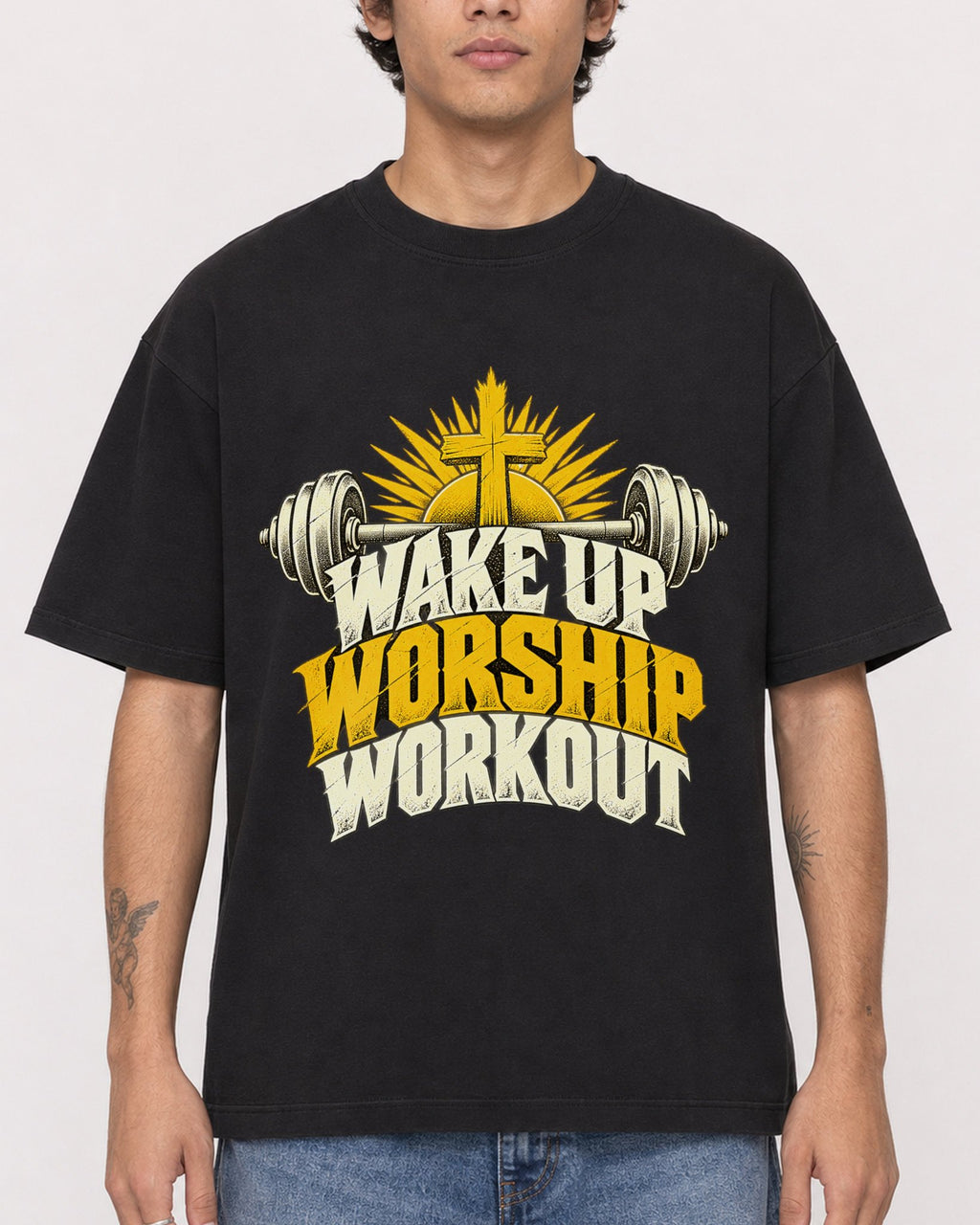 Mockup Boxy Heavyweight Tee Black male close-up 06