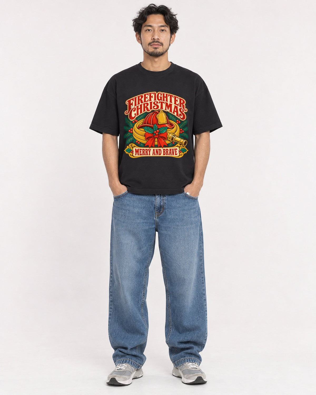 Mockup Boxy Heavyweight Tee Black male full-body 02