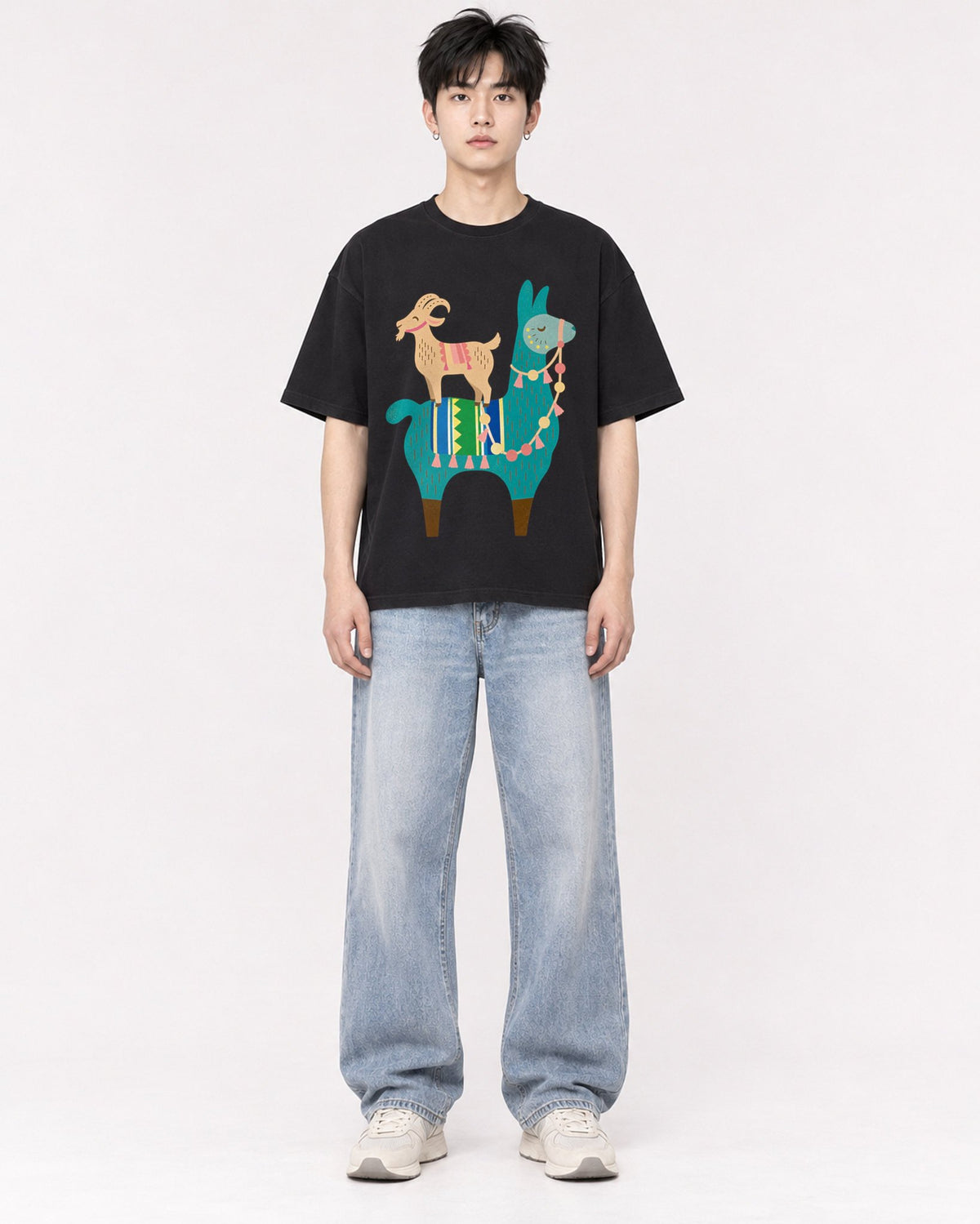 Mockup Boxy Heavyweight Tee Black male full-body 01