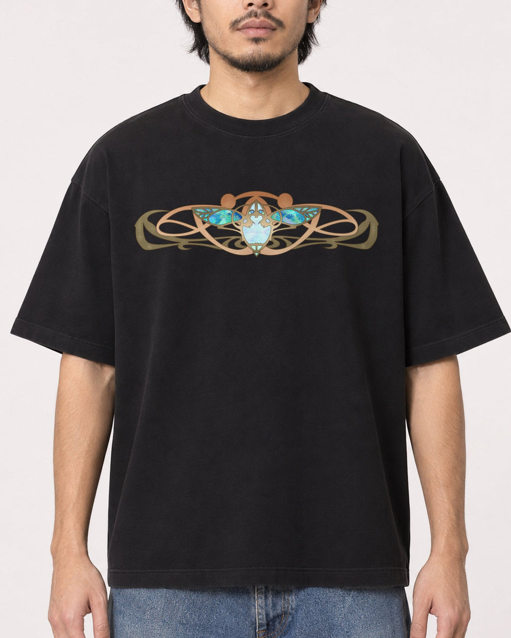 Mockup Boxy Heavyweight Tee Black male close-up 22