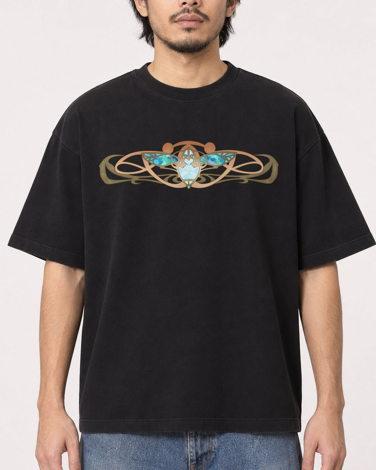 Mockup Boxy Heavyweight Tee Black male close-up 22