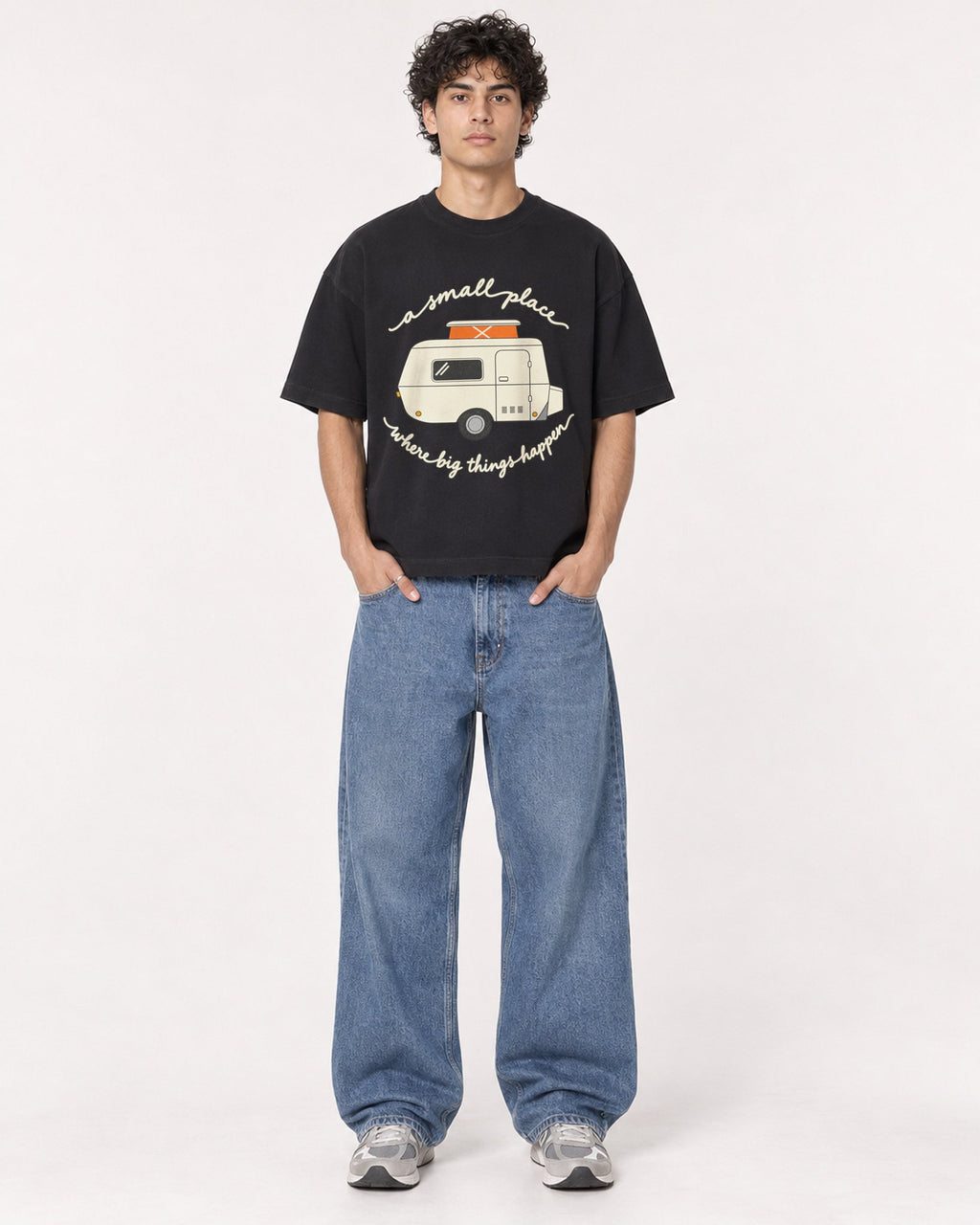 Mockup Boxy Heavyweight Tee Black male full-body 26