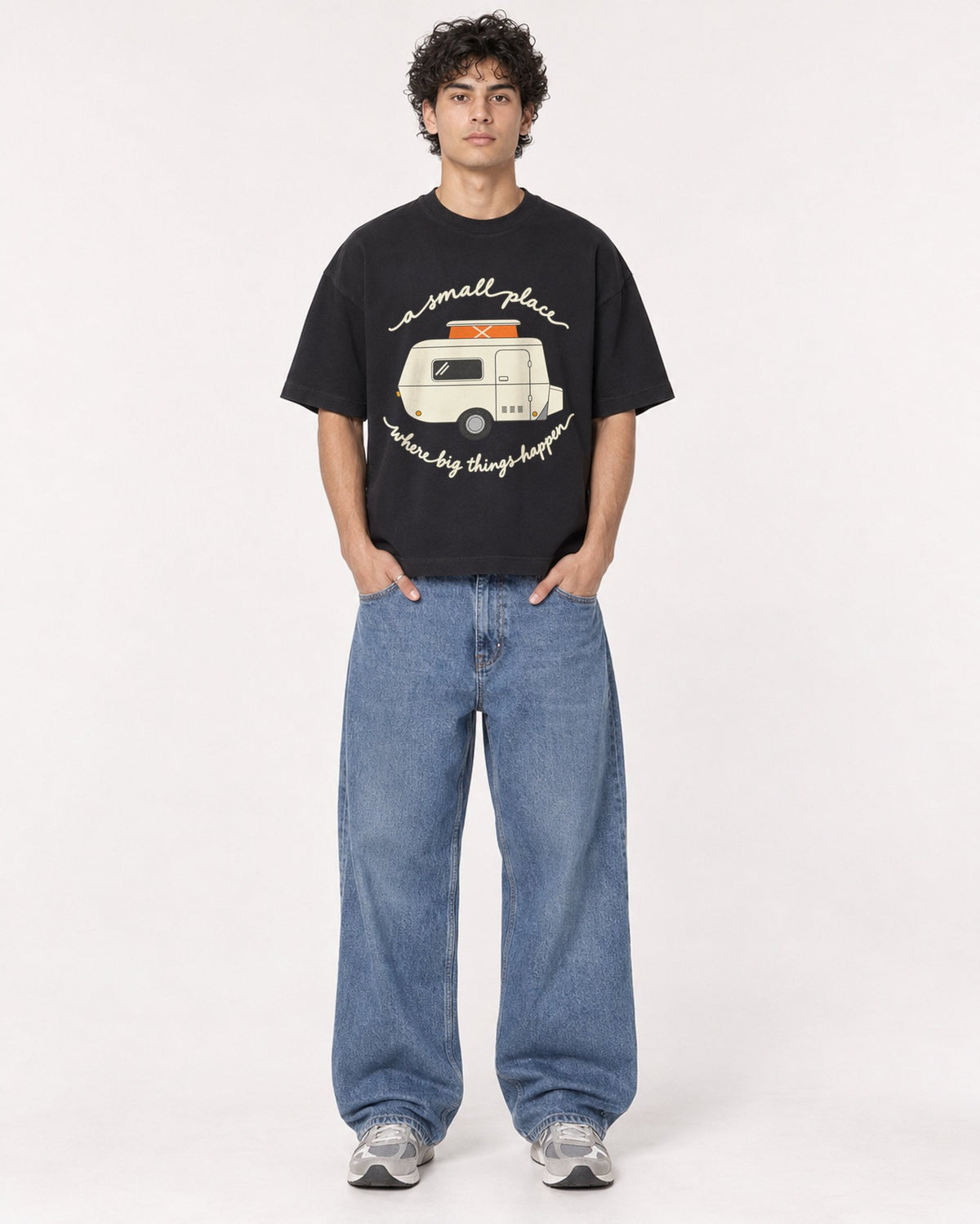 Mockup Boxy Heavyweight Tee Black male full-body 26