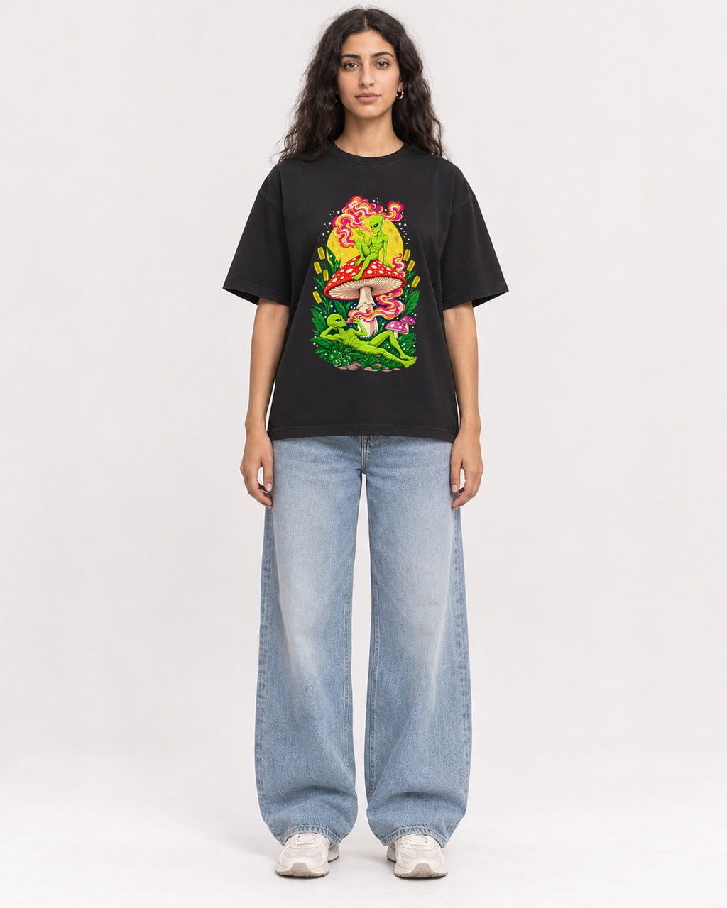 Mockup Boxy Heavyweight Tee Black female full-body 07