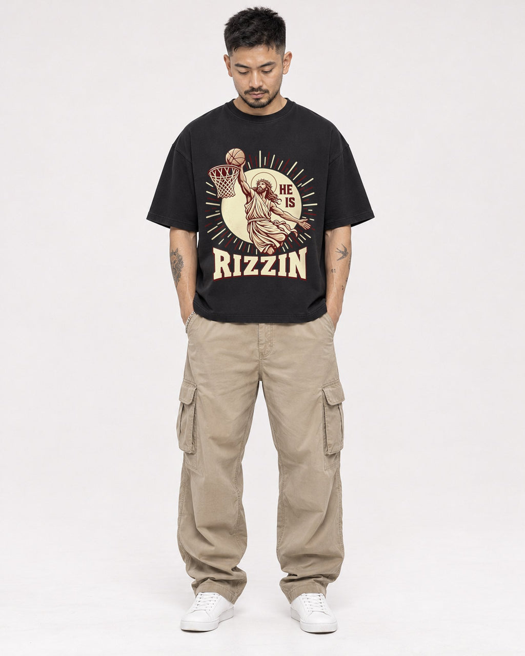 Mockup Boxy Heavyweight Tee Black male full-body 12