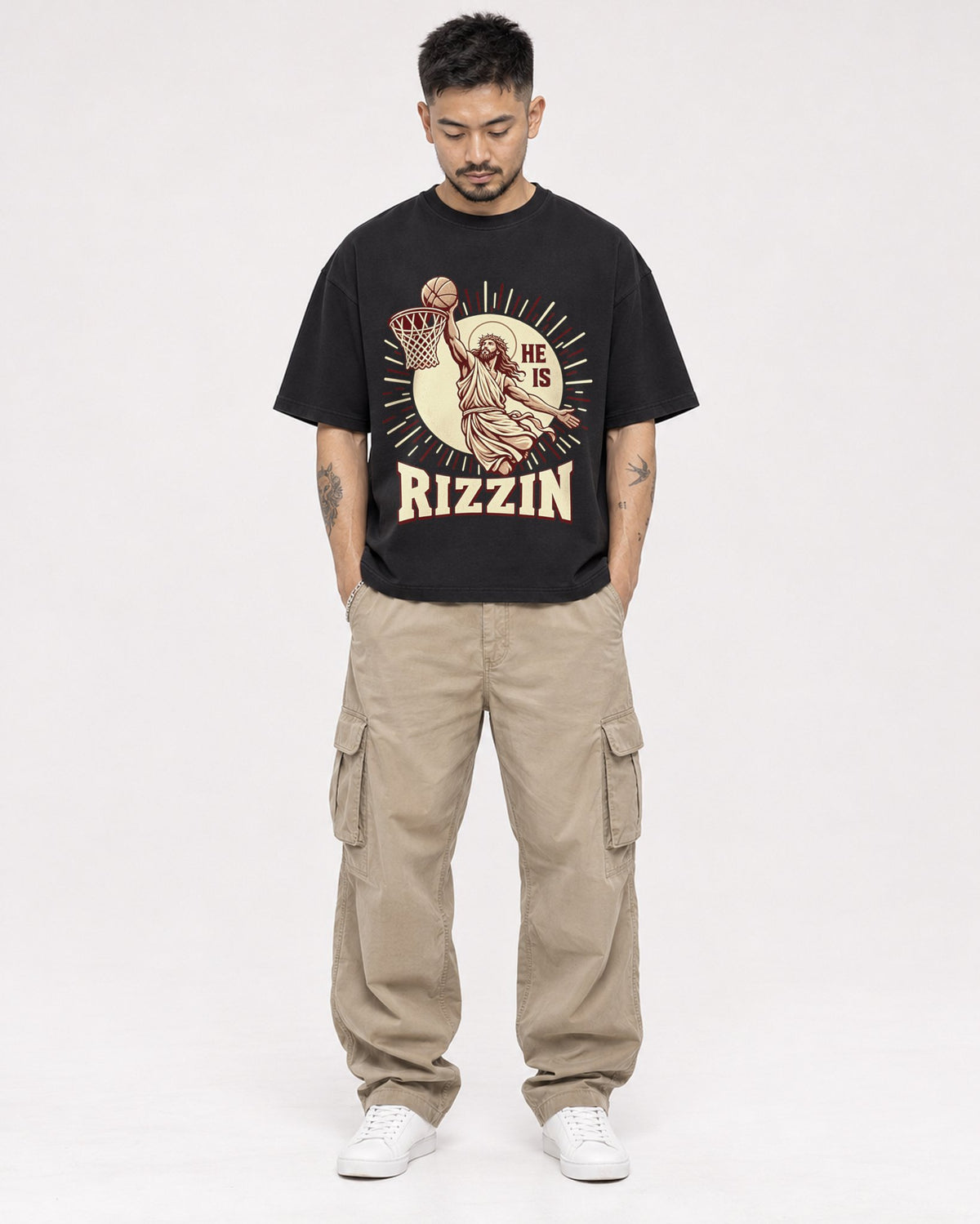 Mockup Boxy Heavyweight Tee Black male full-body 12
