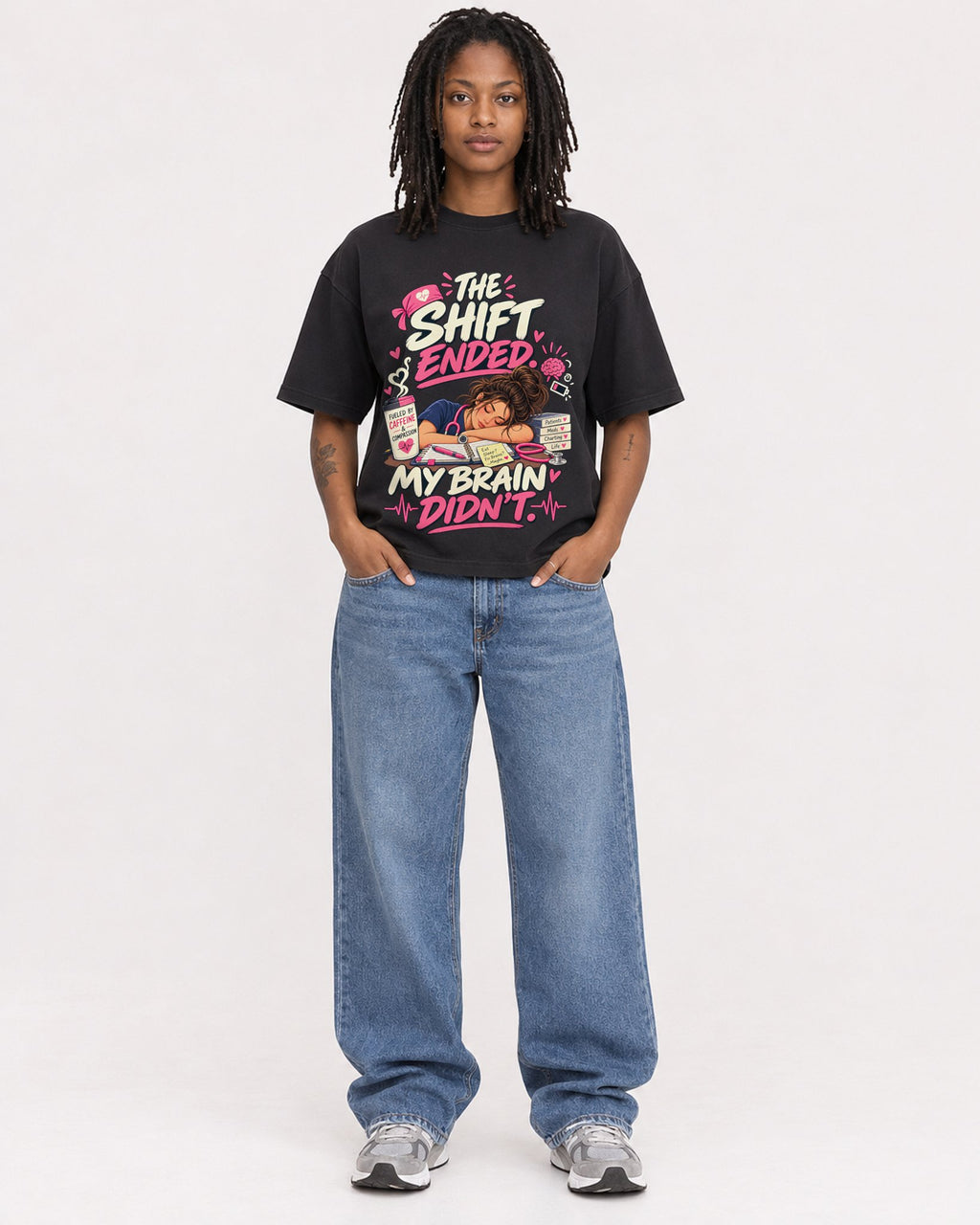 Mockup Boxy Heavyweight Tee Black female full-body 24