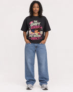 Mockup Boxy Heavyweight Tee Black female full-body 24