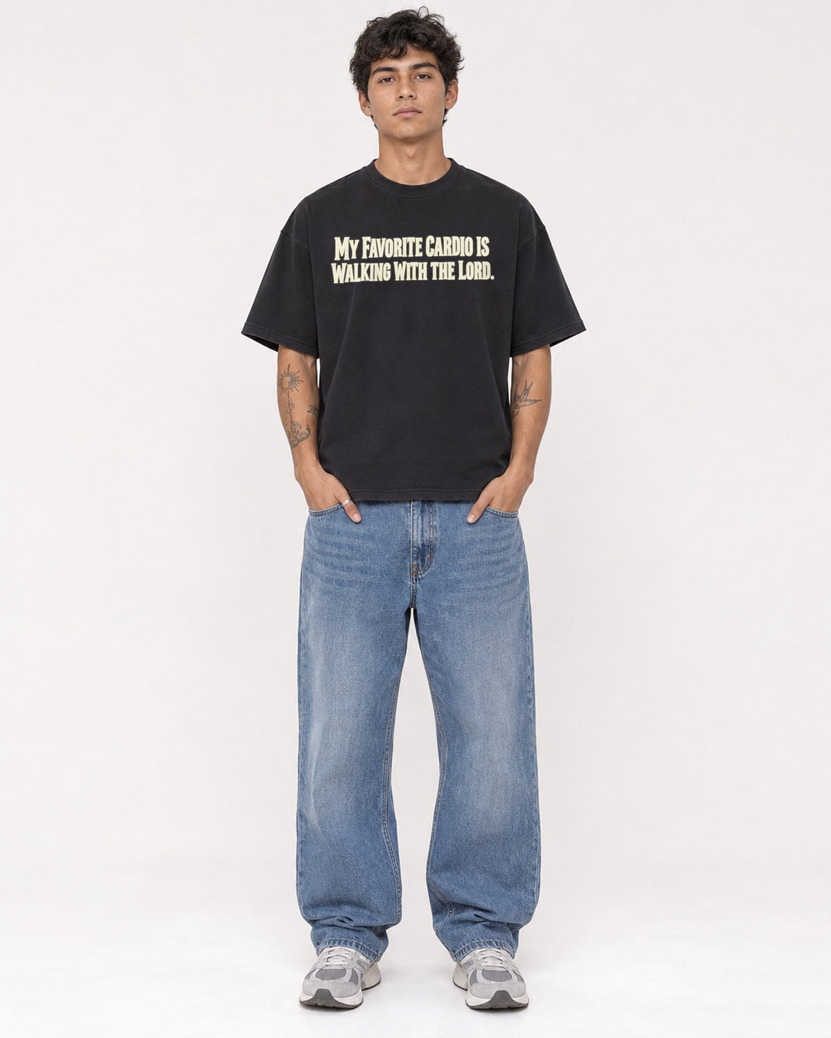 Mockup Boxy Heavyweight Tee Black male full-body 06