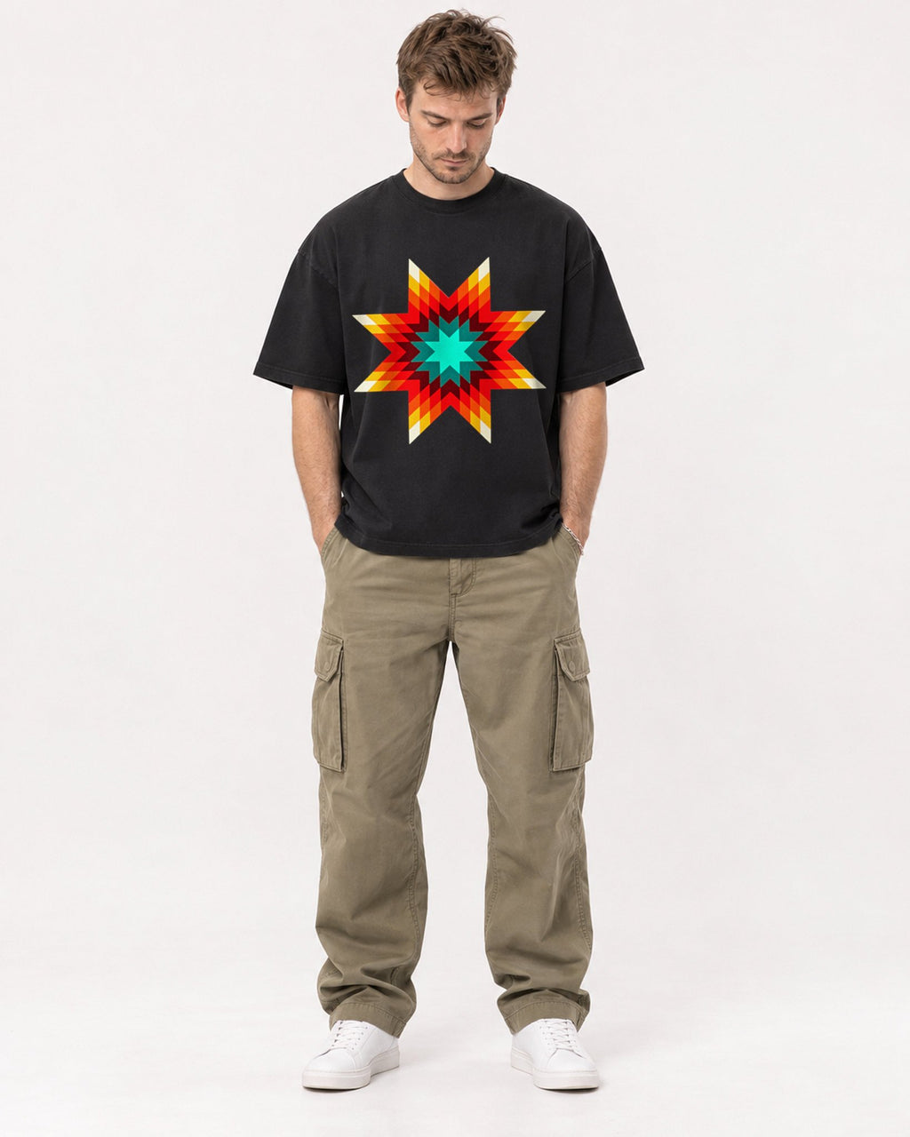Mockup Boxy Heavyweight Tee Black male full-body 08