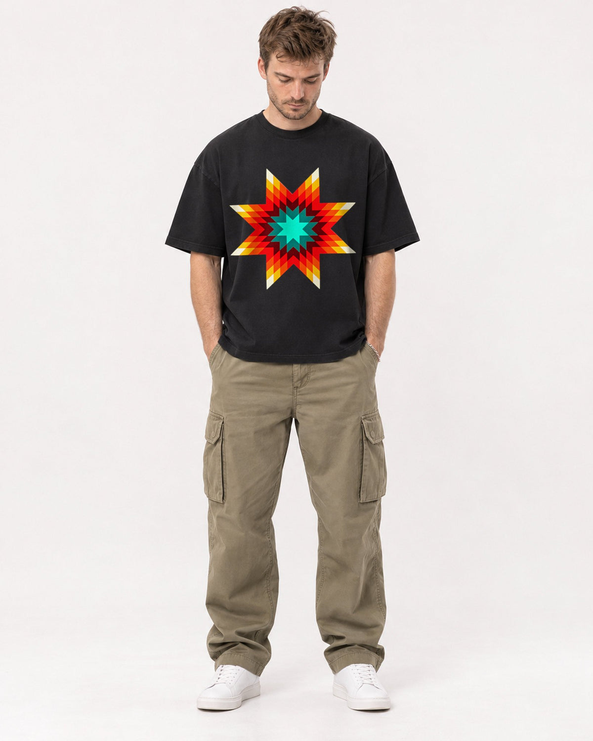 Mockup Boxy Heavyweight Tee Black male full-body 08