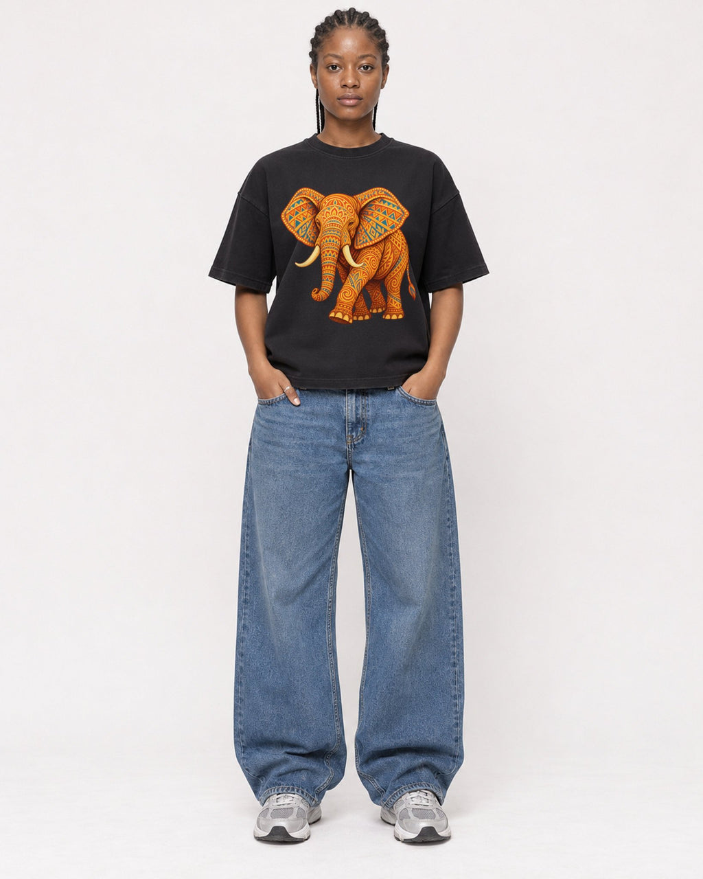 Mockup Boxy Heavyweight Tee Black female full-body 44
