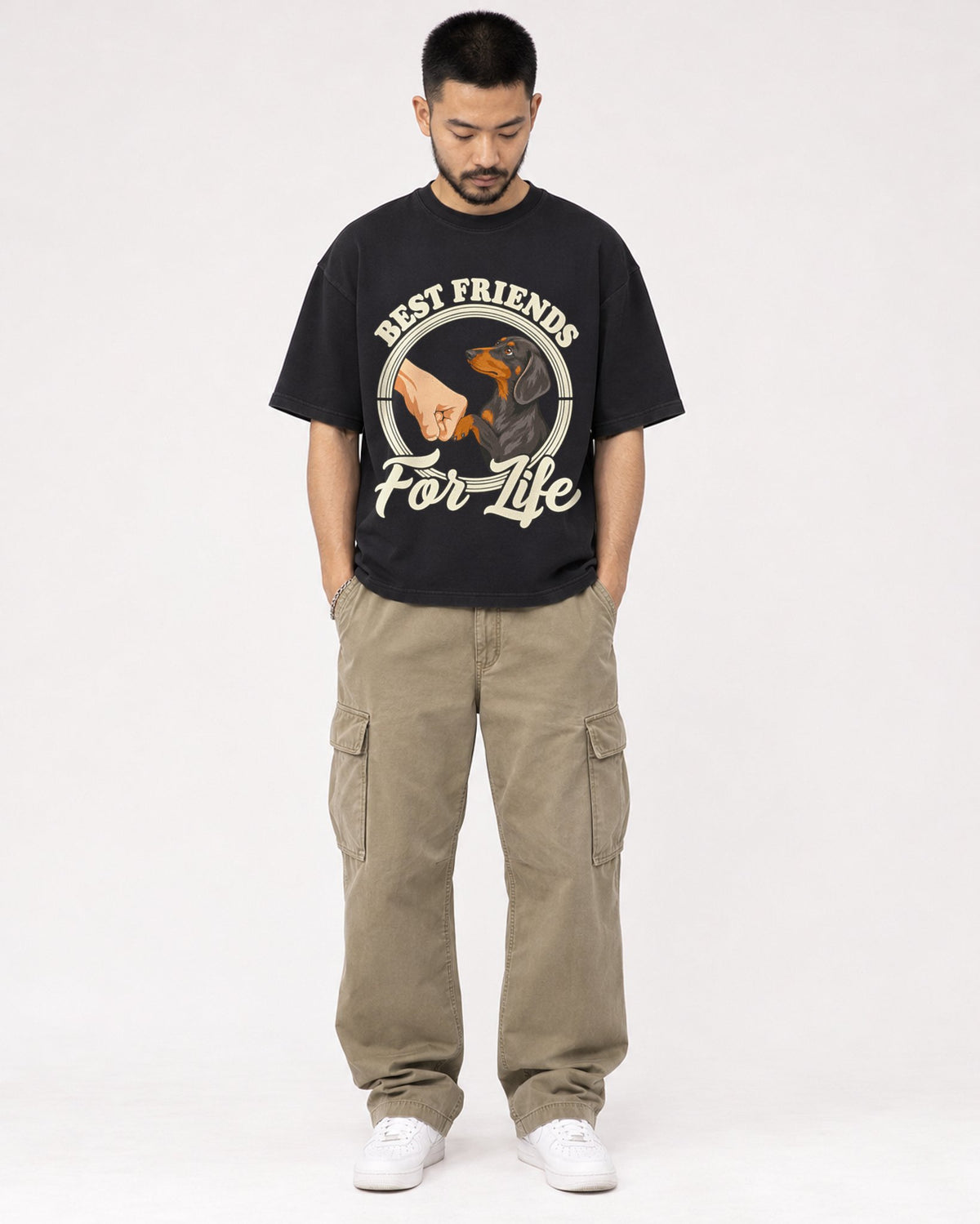 Mockup Boxy Heavyweight Tee Black male full-body 32