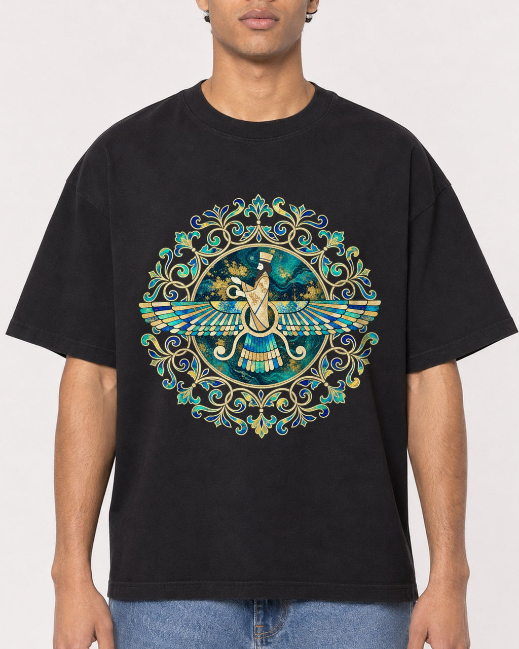 Mockup Boxy Heavyweight Tee Black male close-up 10