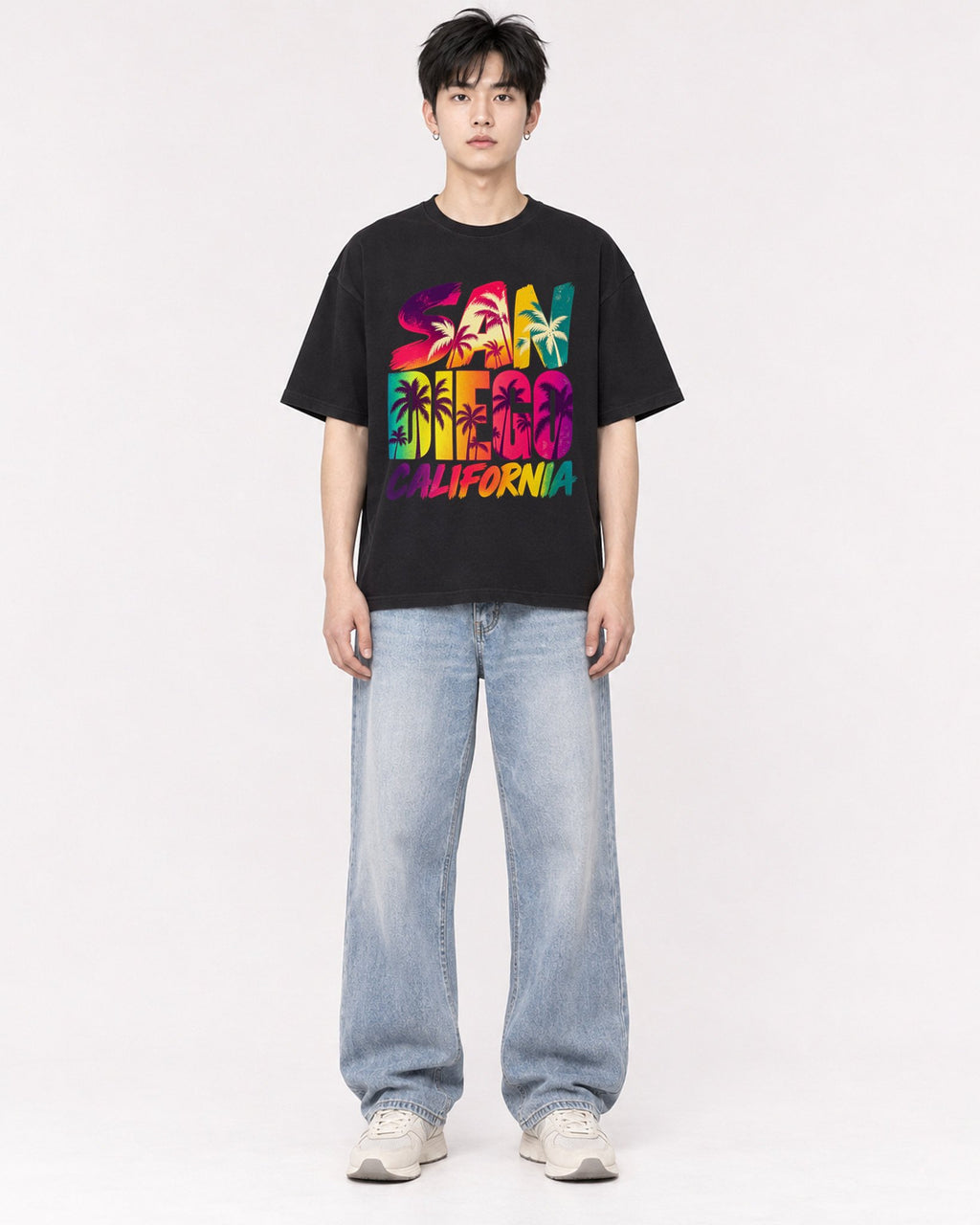 Mockup Boxy Heavyweight Tee Black male full-body 01