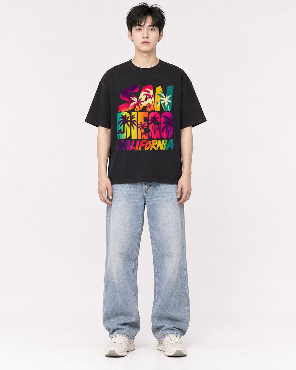 Mockup Boxy Heavyweight Tee Black male full-body 01
