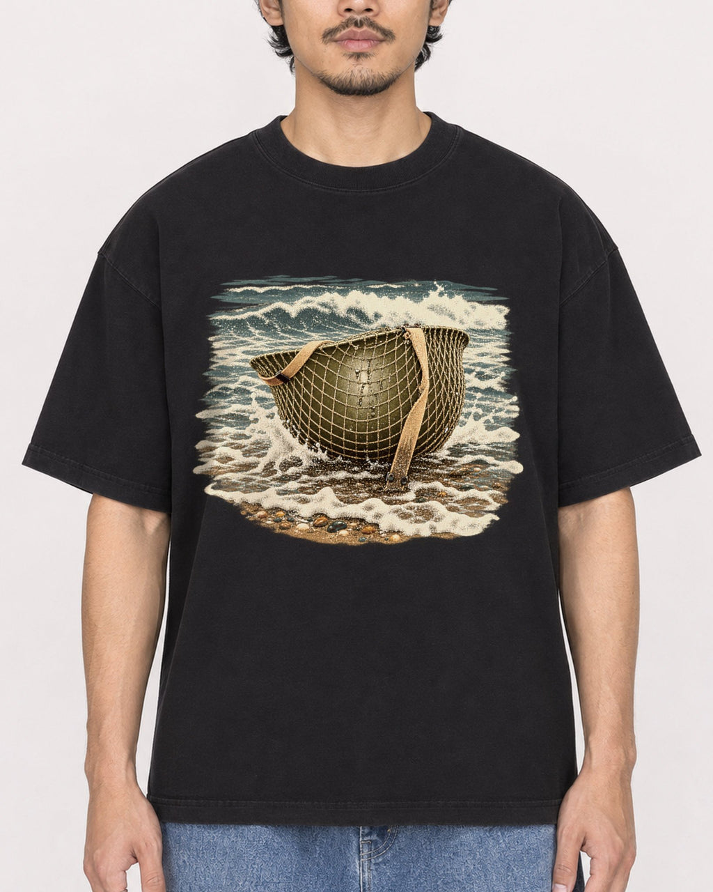 Mockup Boxy Heavyweight Tee Black male close-up 02