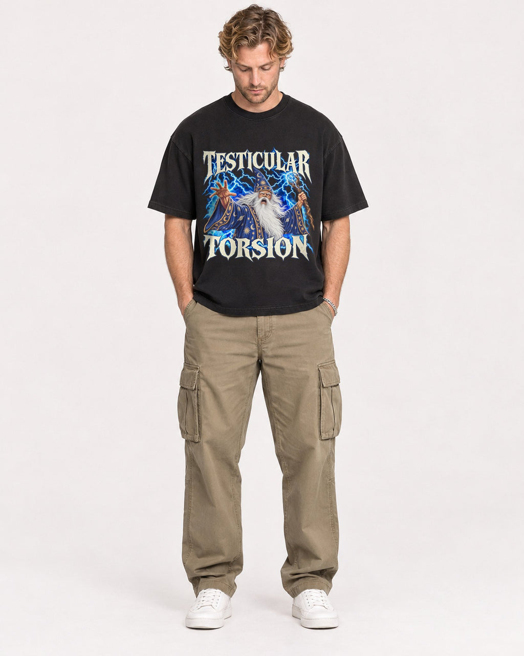 Mockup Boxy Heavyweight Tee Black male full-body 28