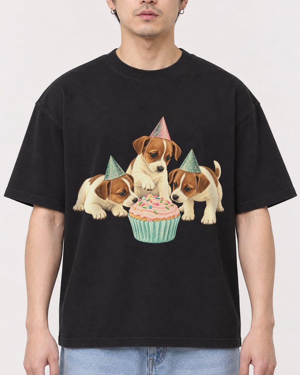 Mockup Boxy Heavyweight Tee Black male close-up 13