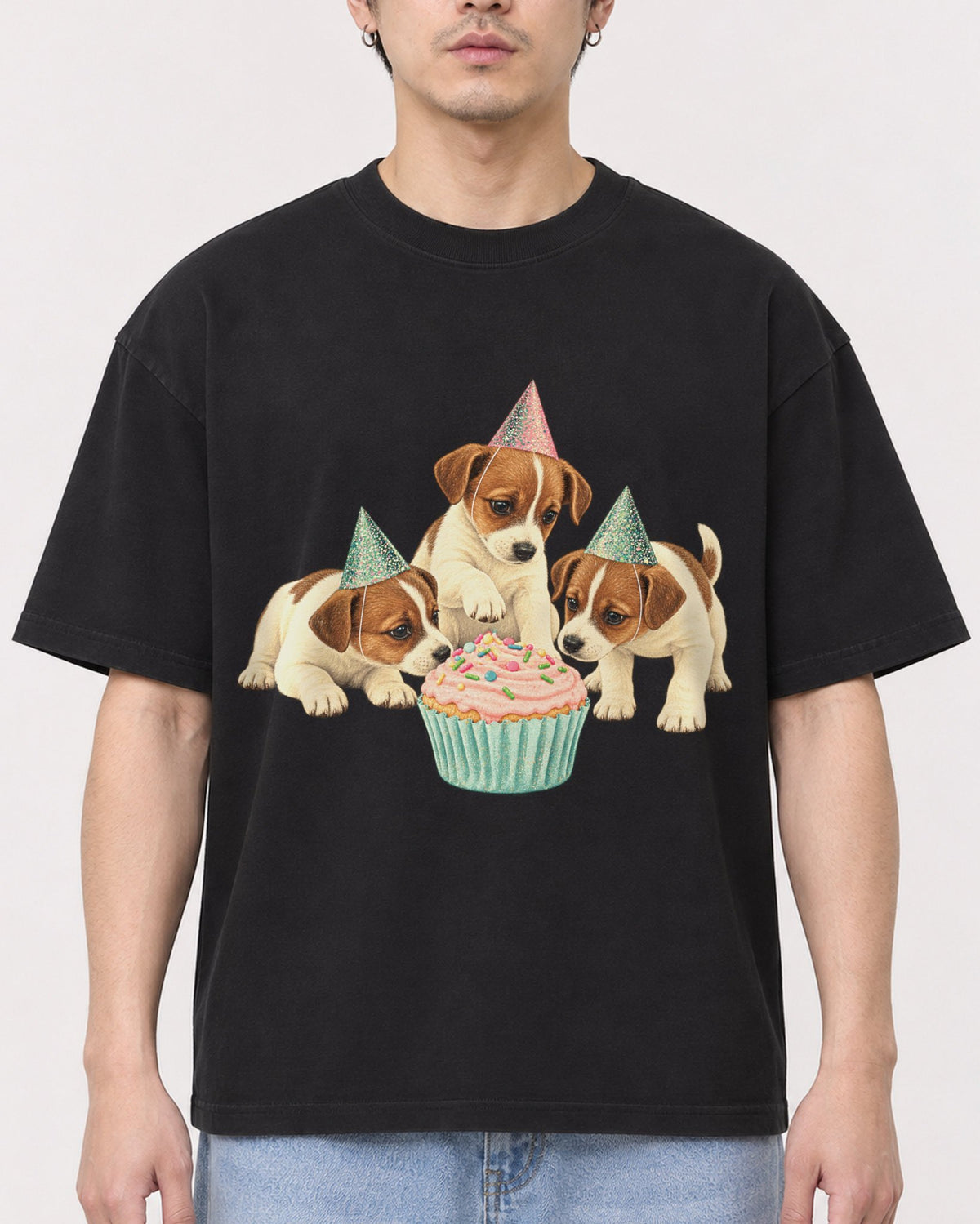 Mockup Boxy Heavyweight Tee Black male close-up 13